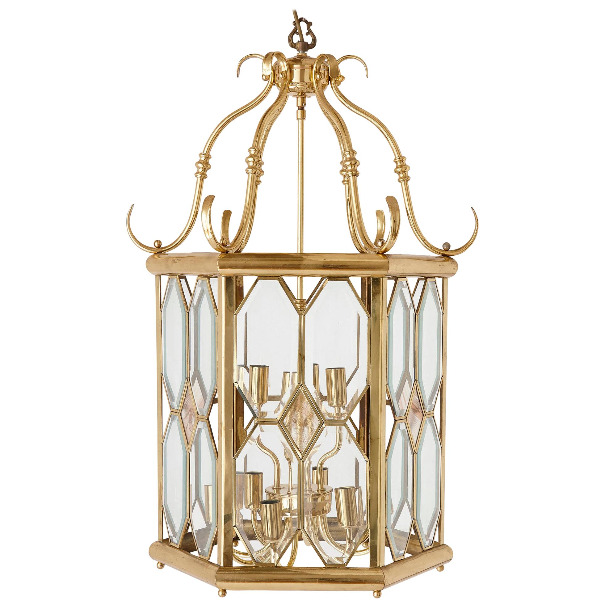 French Beveled Glass and Brass Lantern For Sale