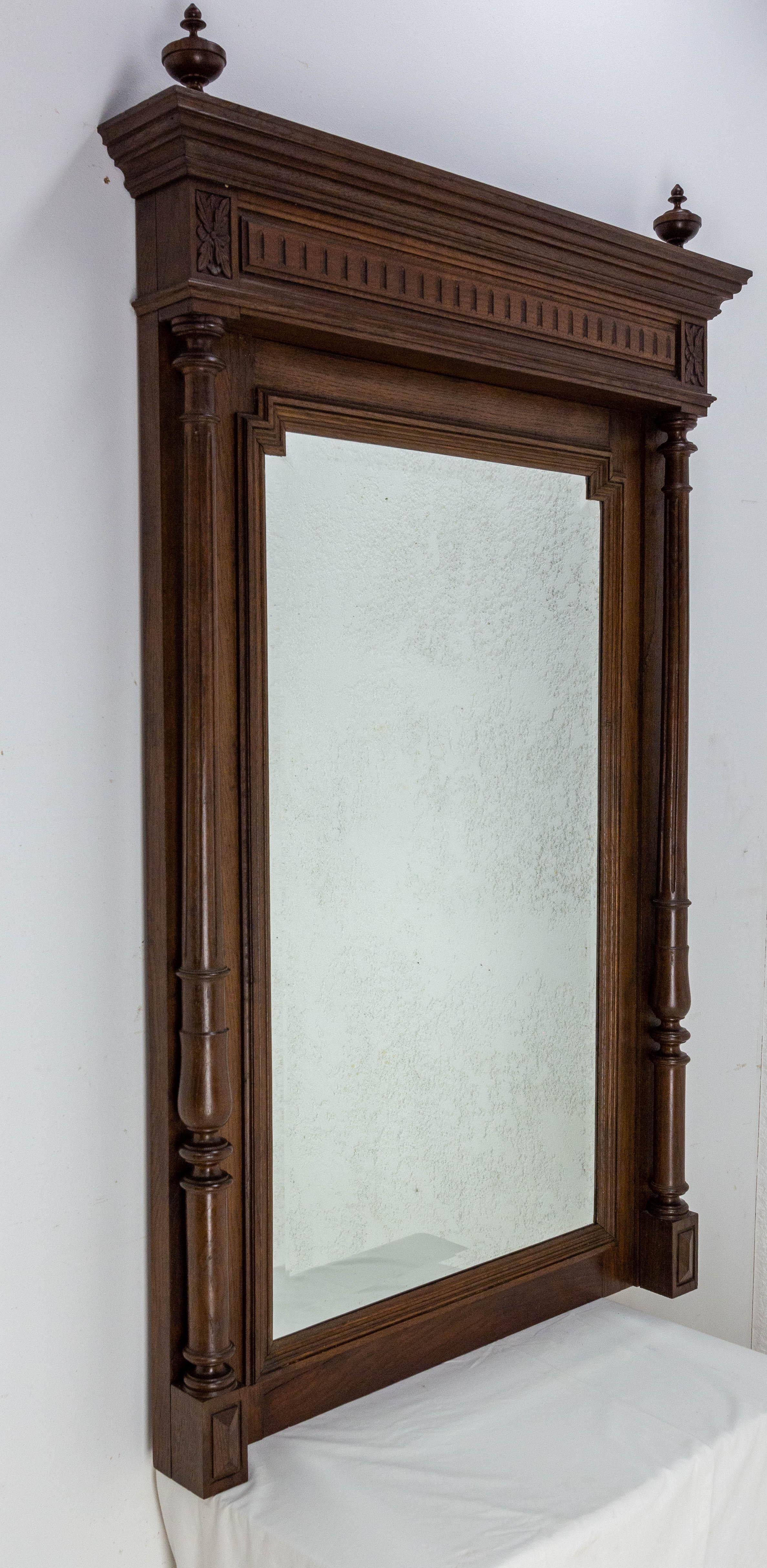Louis XIII French Beveled Mirror with Colonnettes Oak Frame L XVI Style, Late 19th Century For Sale