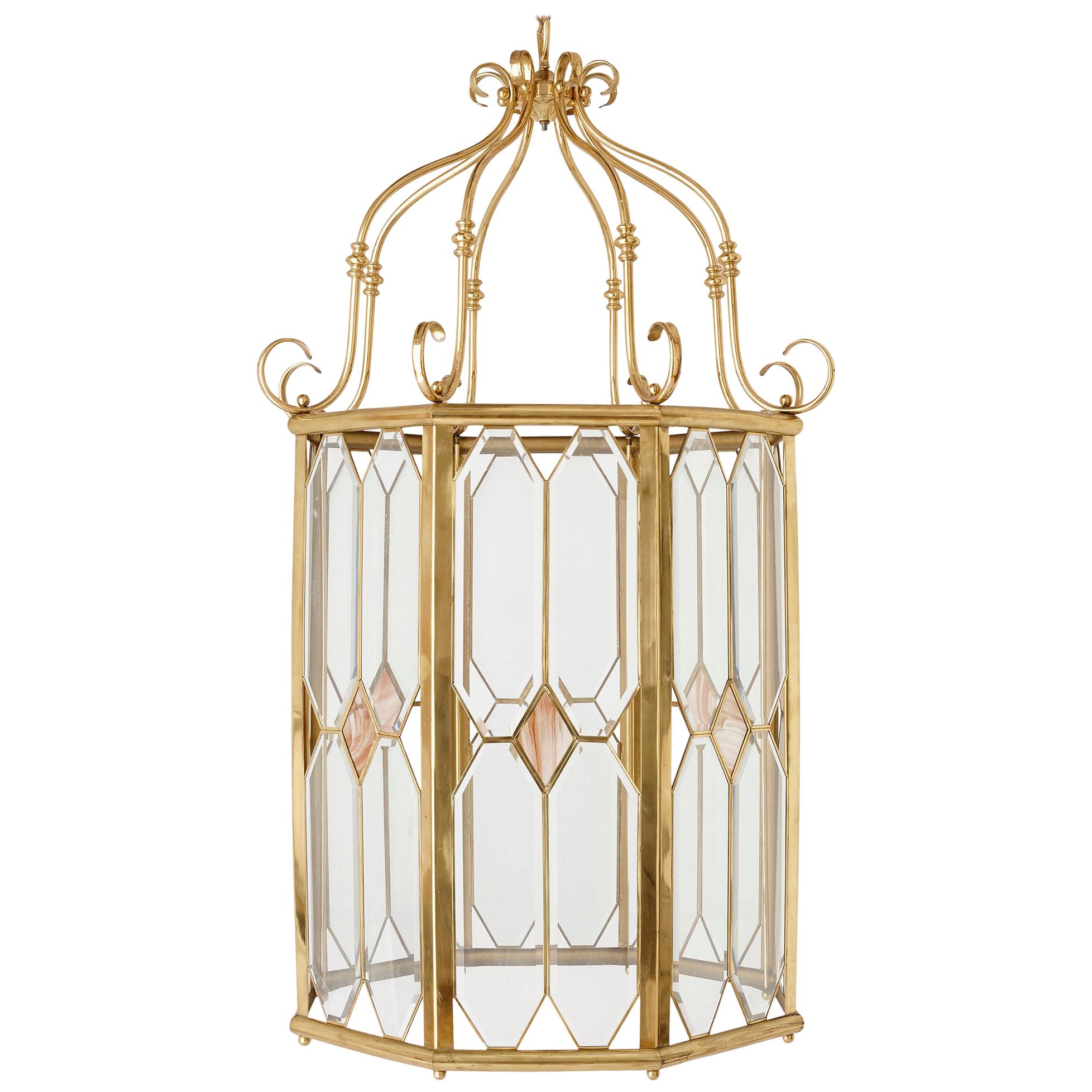 French Bevelled Glass and Polished Brass Lantern For Sale