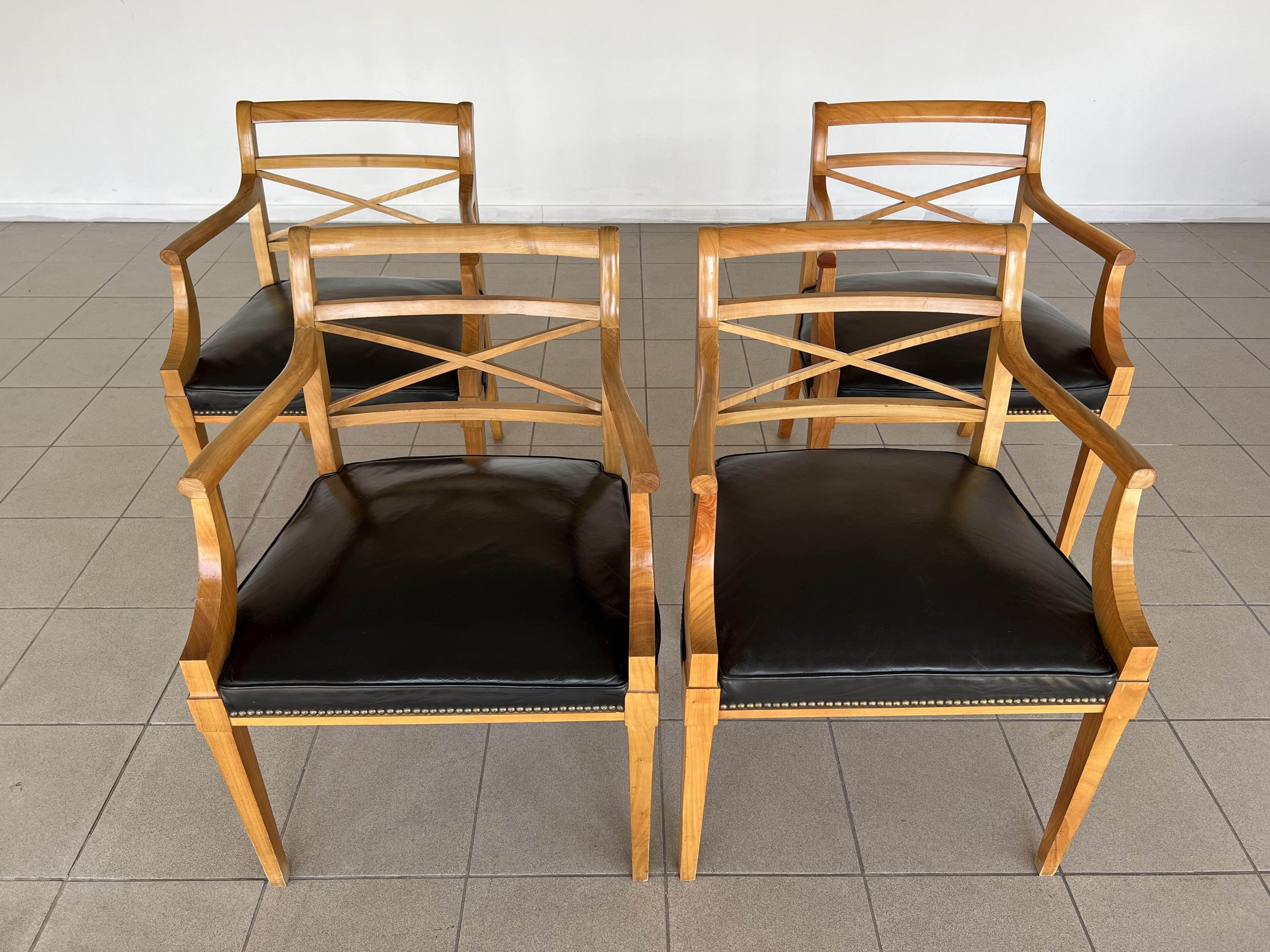 Swiss French Biedermeier Leather Office, Side or Dining Armchairs - Set of 4 For Sale