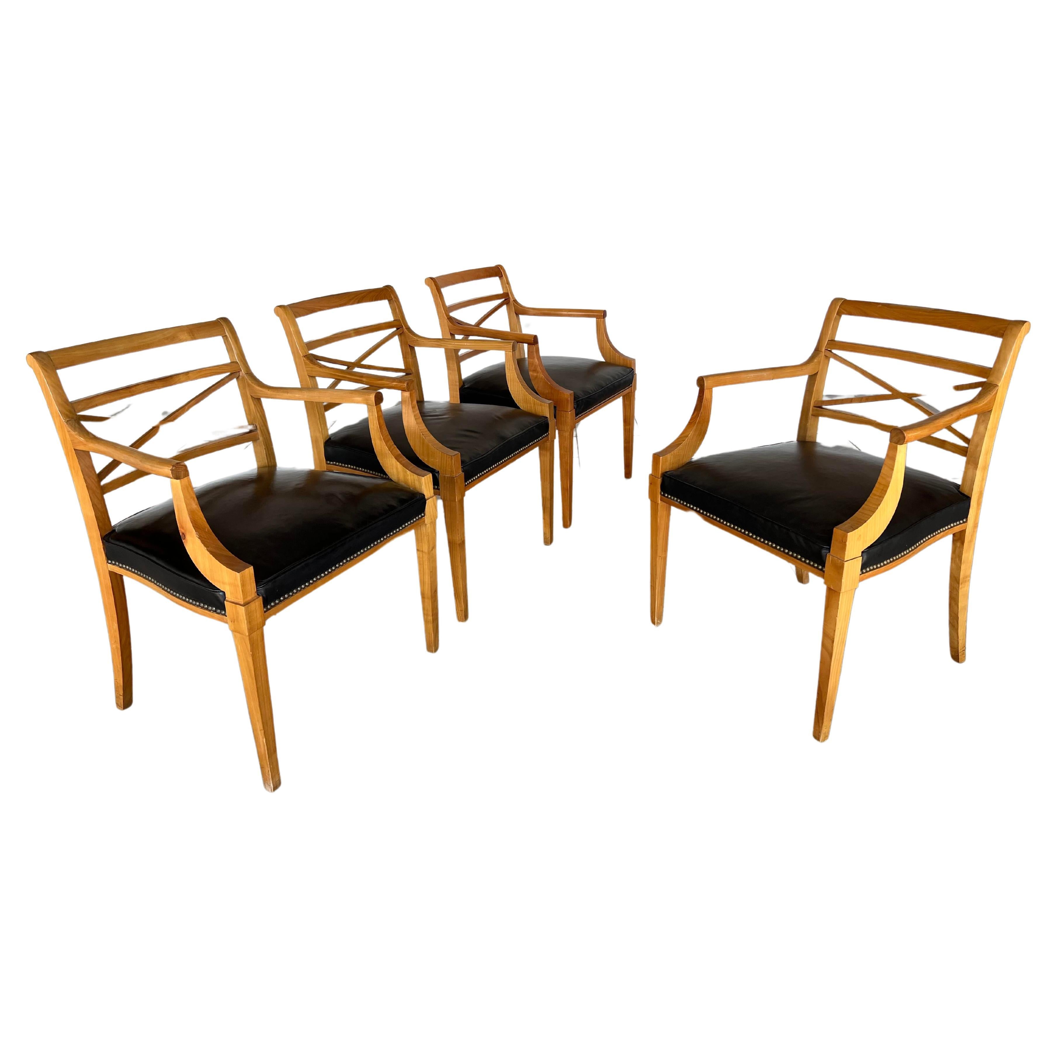 French Biedermeier Leather Office, Side or Dining Armchairs - Set of 4 For Sale