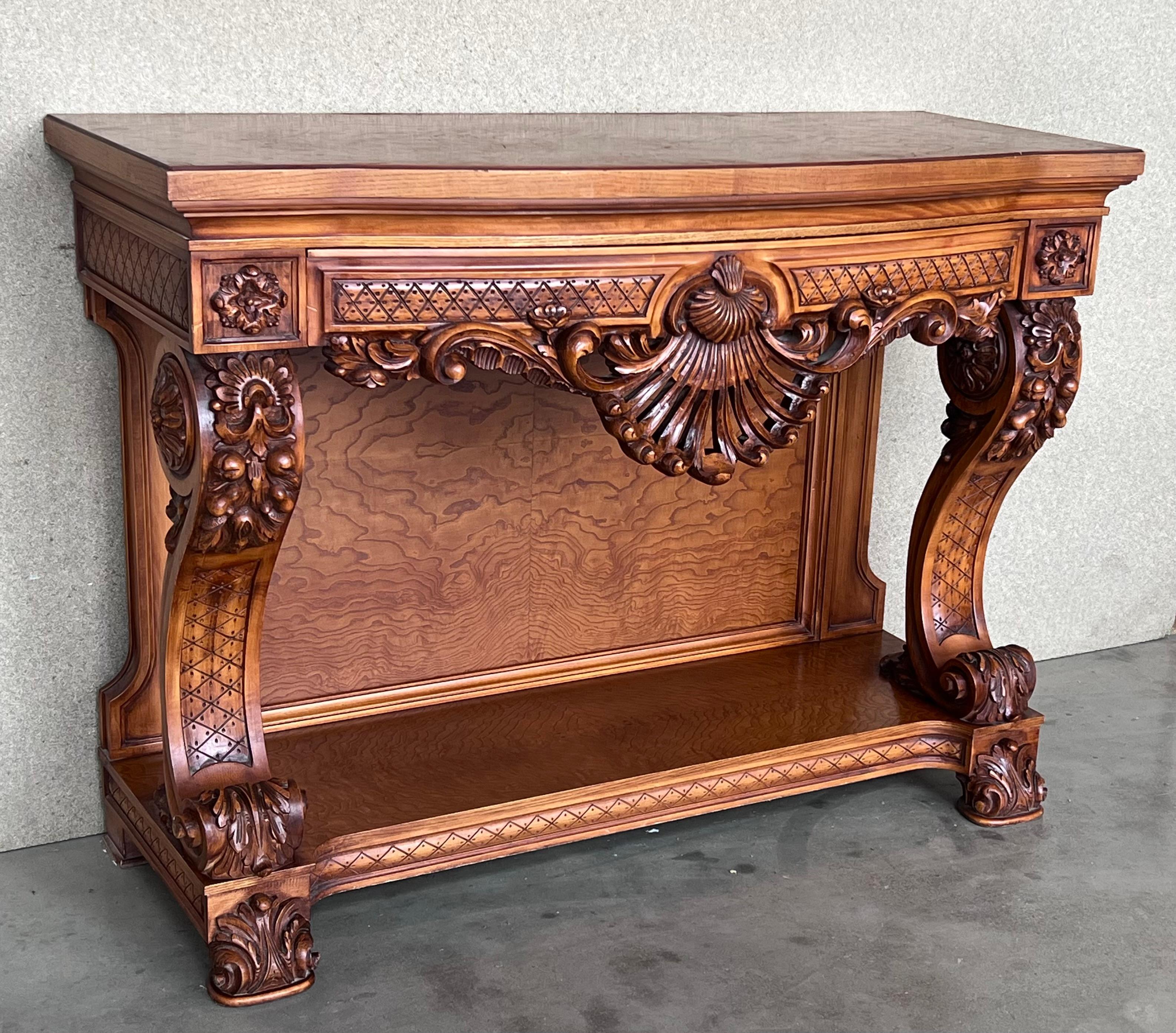 French Biedermeier Mahogany Carved Console Table with Drawer In Good Condition For Sale In Miami, FL