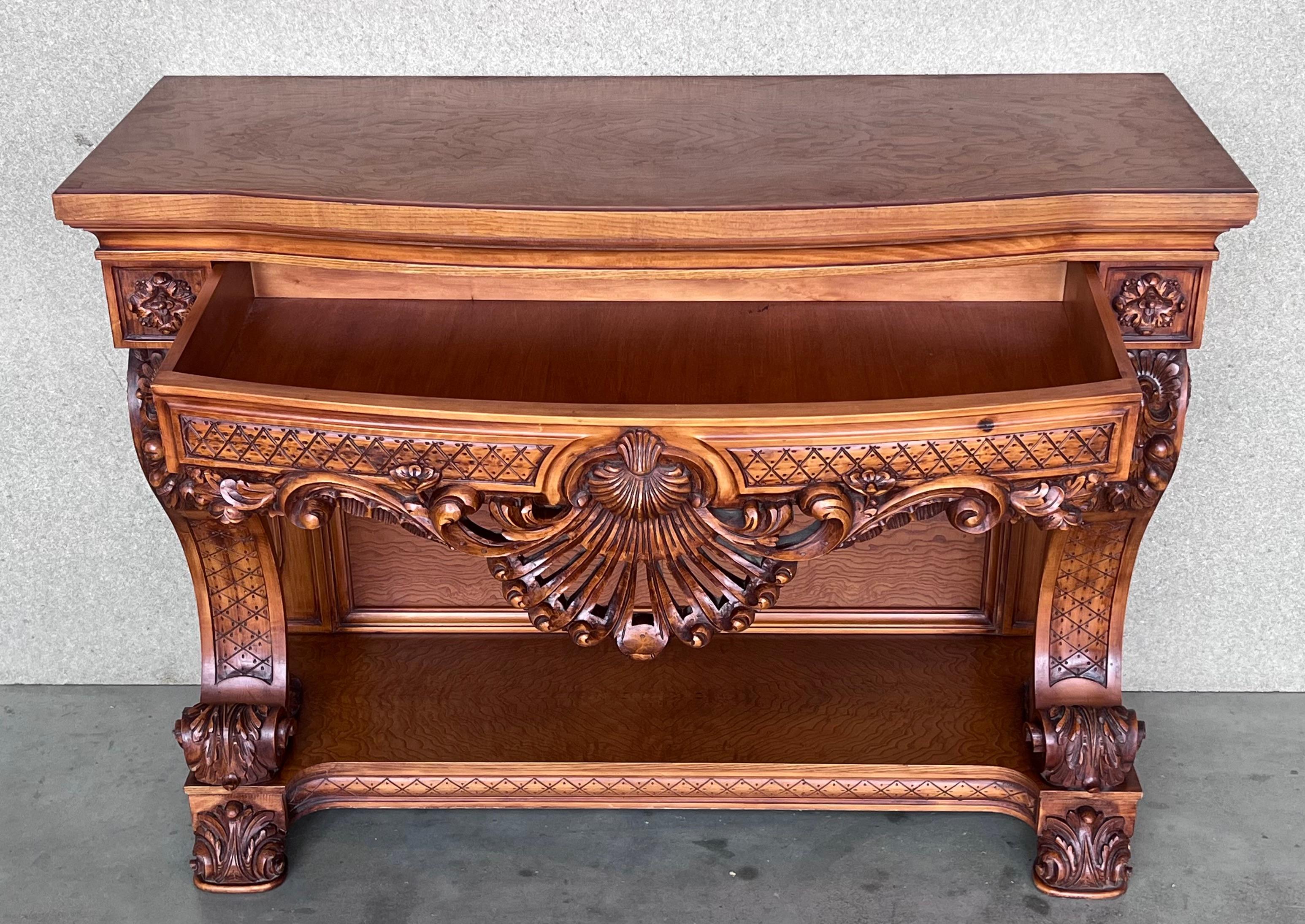 Oak French Biedermeier Mahogany Carved Console Table with Drawer For Sale