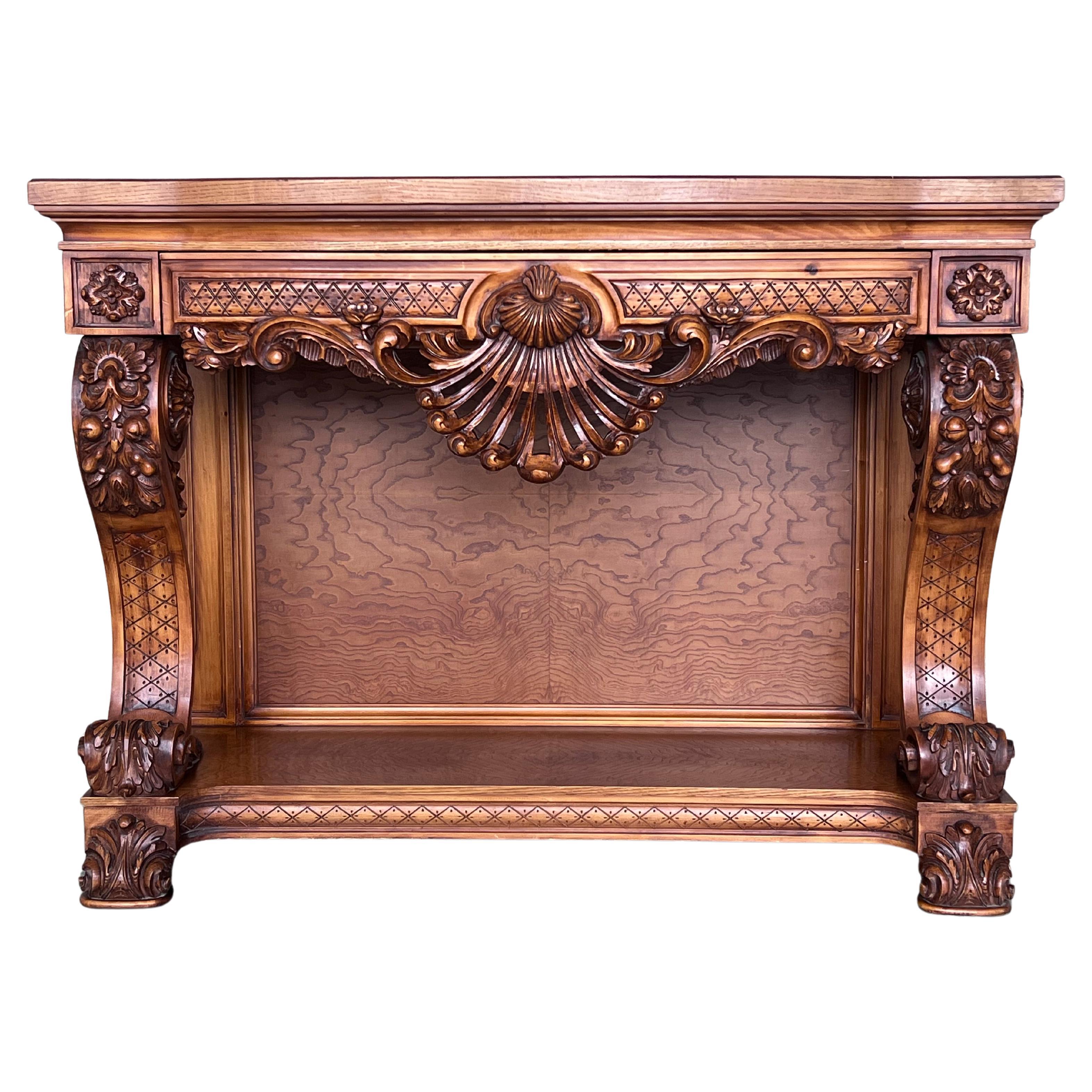 French Biedermeier Mahogany Carved Console Table with Drawer For Sale