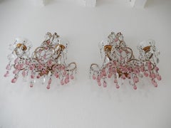 Französische große Perlen-Kristallprismen-Schale, Preiselbeer, Preiselbeerrosa Murano-Tropfen-Wandleuchter, um 1900