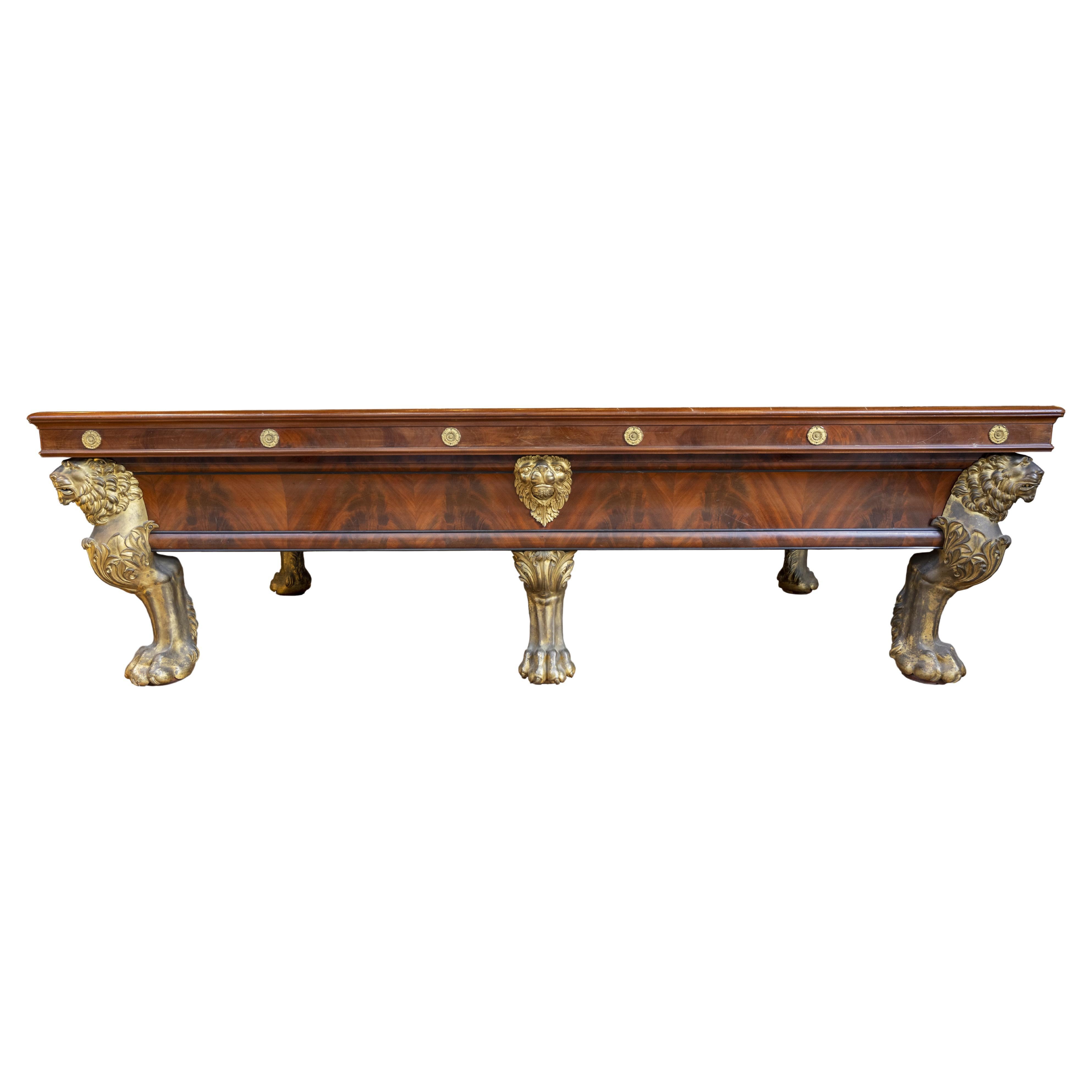 French Billiard Table with Lion Heads in Mahogany Veneer and Bronze Decorations