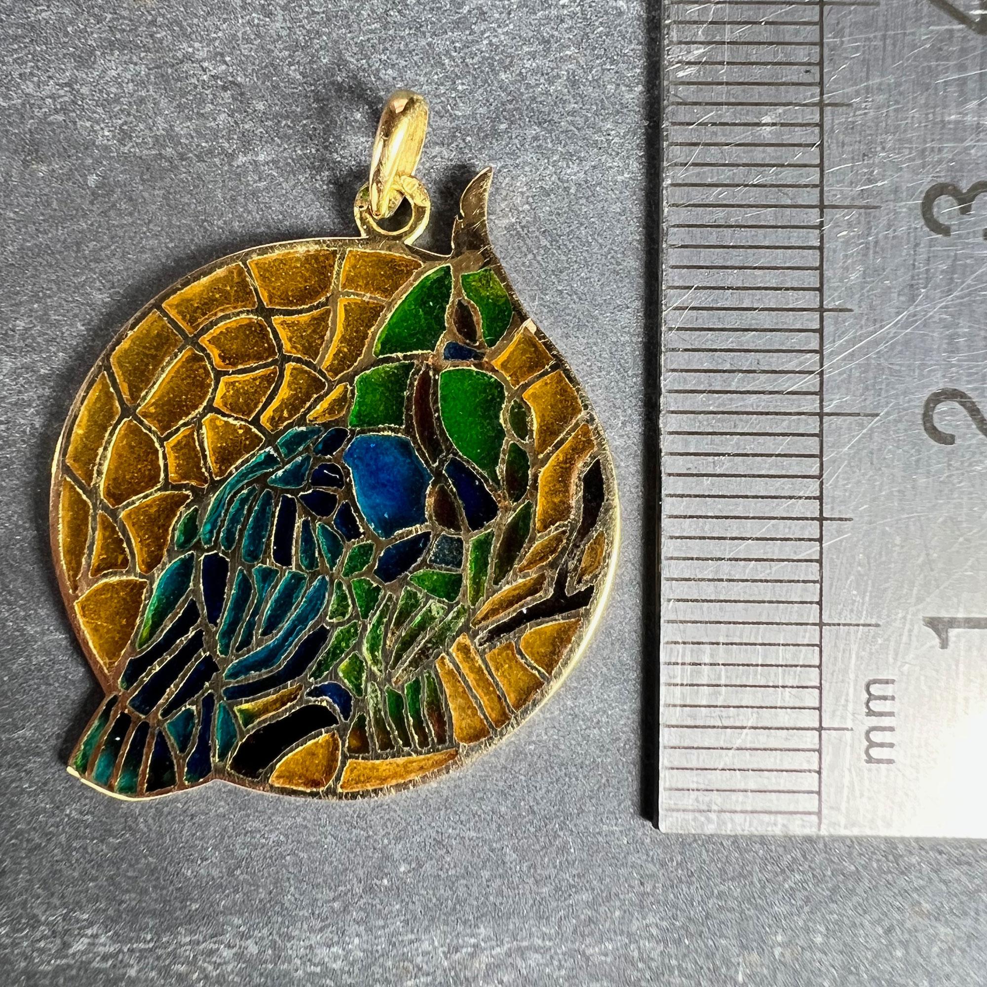 French Bird Plique A Jour Enamel 18K Yellow Gold Pendant Medal For Sale 7