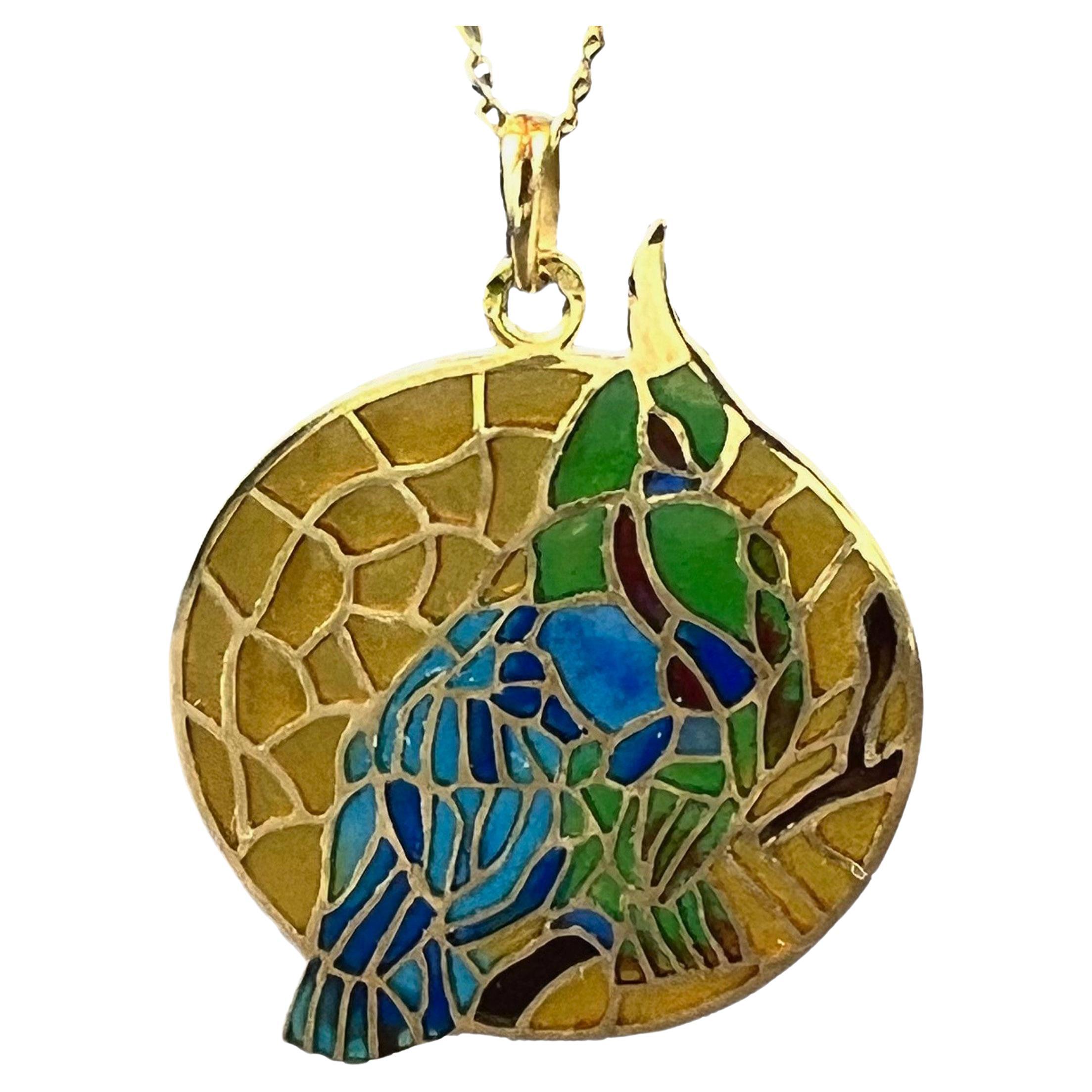 French Bird Plique A Jour Enamel 18K Yellow Gold Pendant Medal For Sale