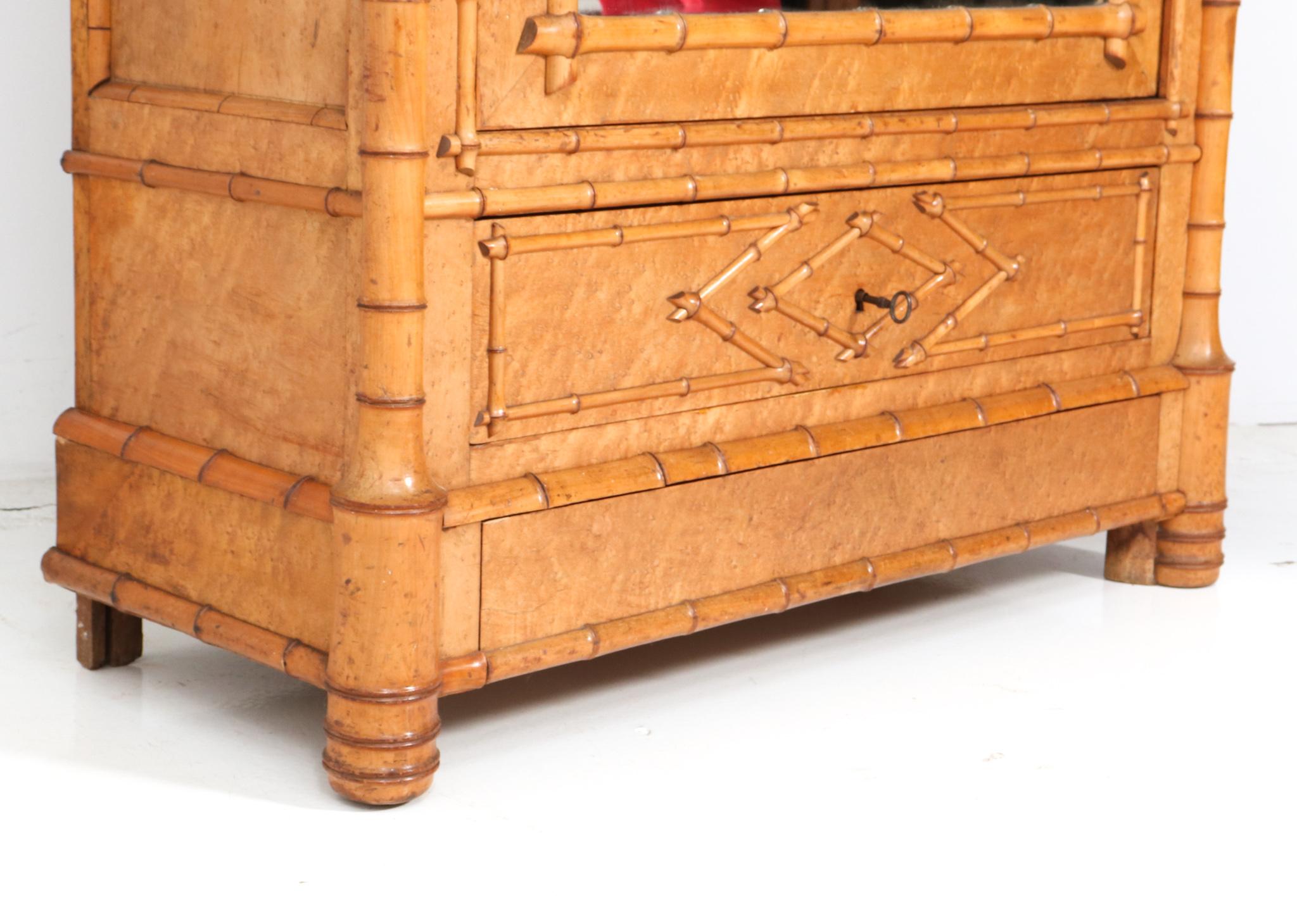 French Birds-Eye Maple and Faux Bamboo Armoire or Wardrobe, 1900s 4