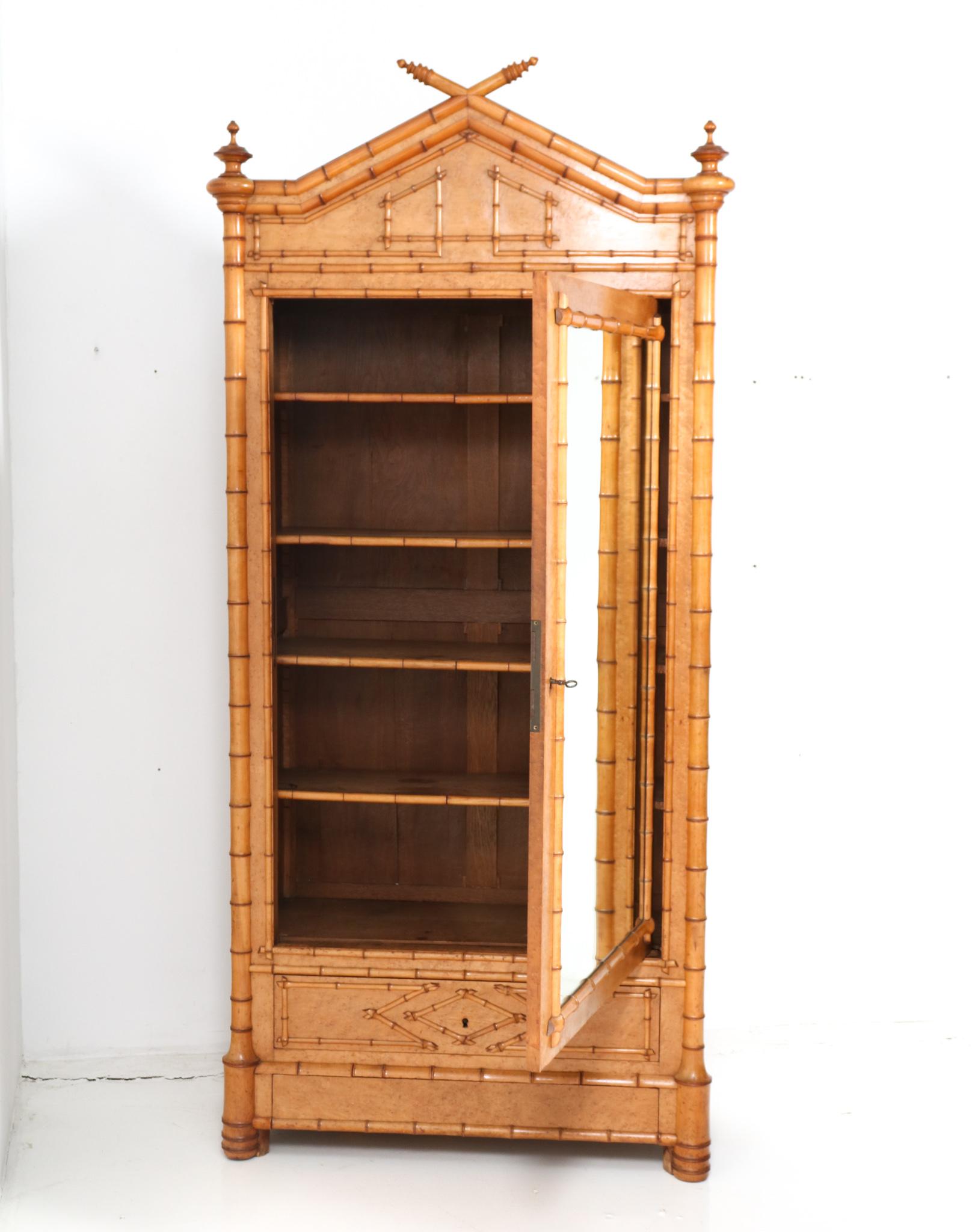 French Provincial French Birds-Eye Maple and Faux Bamboo Armoire or Wardrobe, 1900s