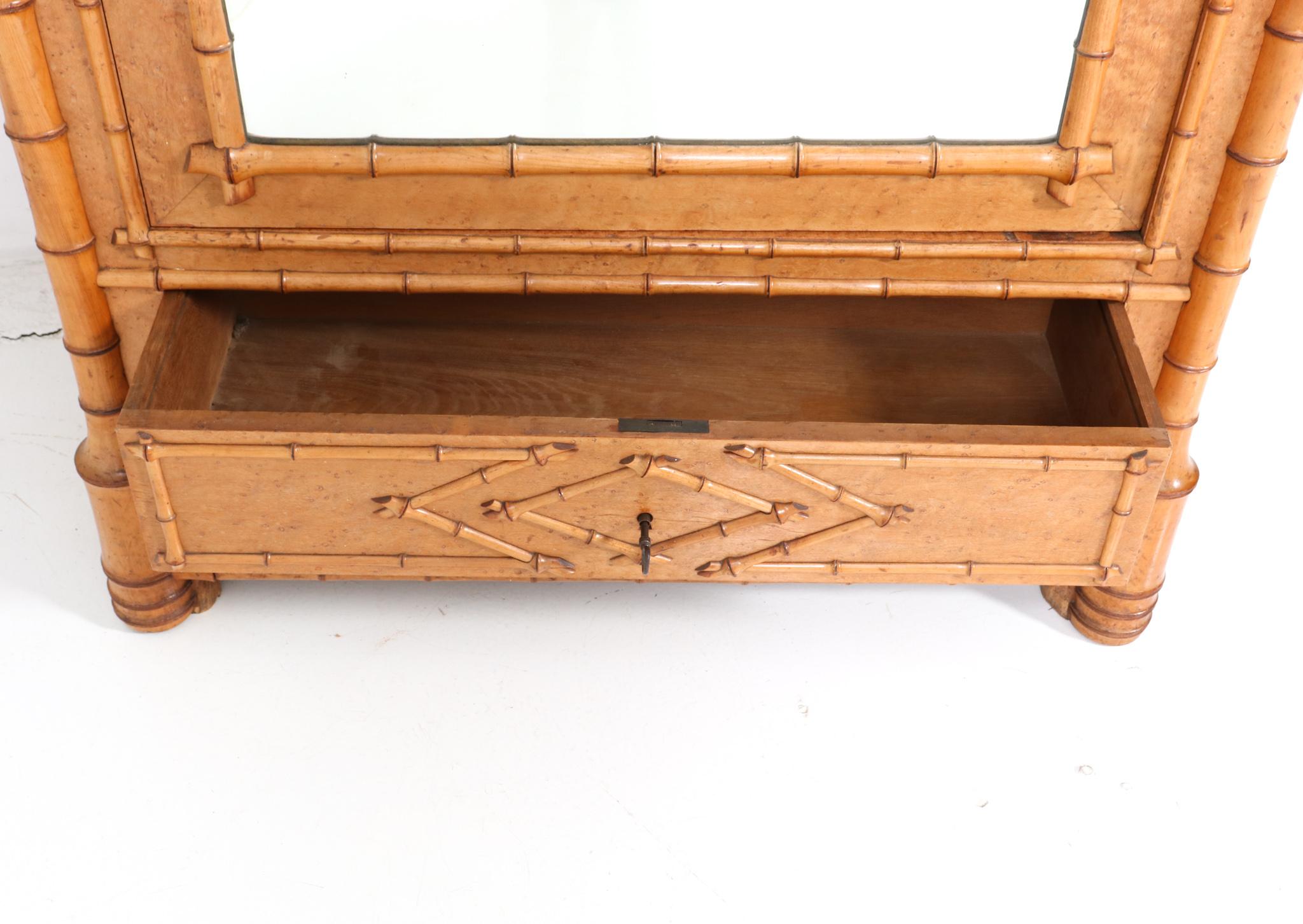 Mirror French Birds-Eye Maple and Faux Bamboo Armoire or Wardrobe, 1900s