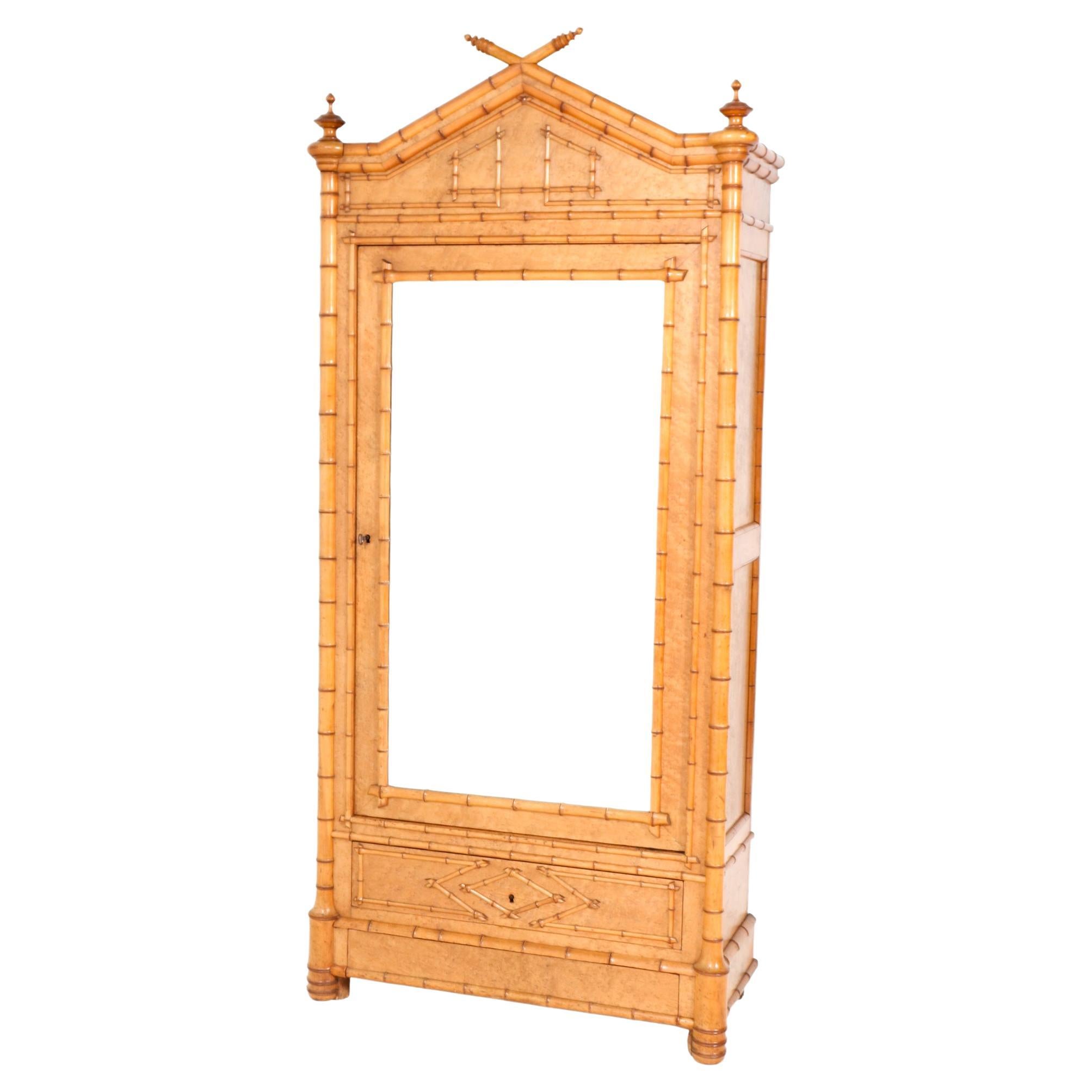 French Birds-Eye Maple and Faux Bamboo Armoire or Wardrobe, 1900s