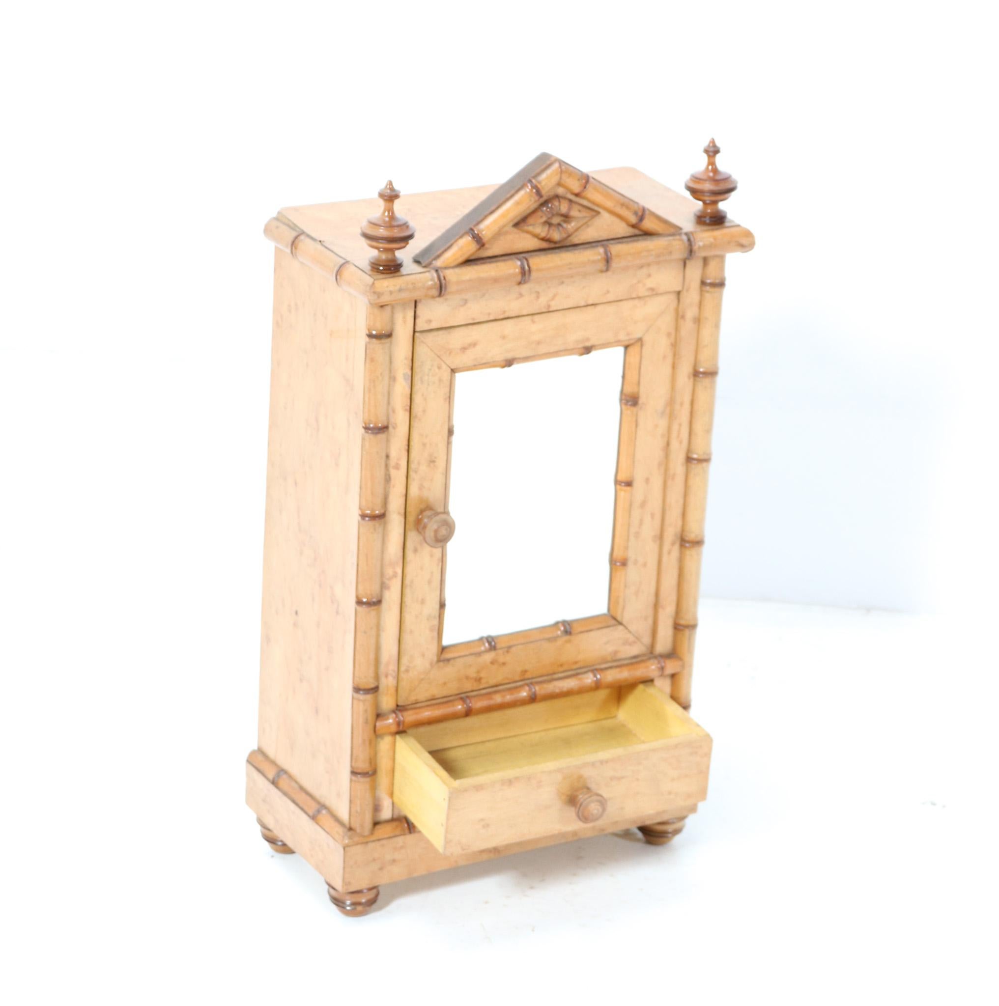 Early 20th Century French Birds-Eye Maple and Faux Bamboo Miniature Armoire or Wardrobe For Sale