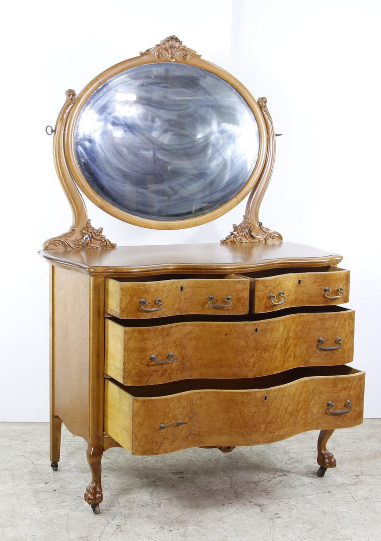 French Birdseye Maple Hand Carved Dresser Oval Mirror with Original
