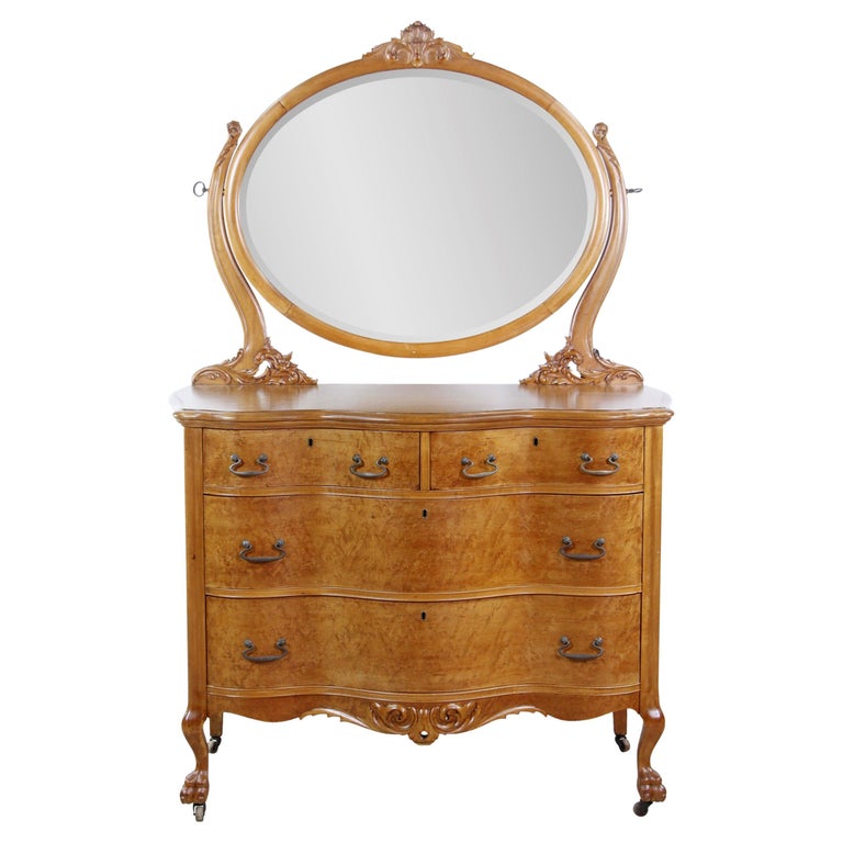 French Birdseye Maple Hand Carved Dresser Oval Mirror with Original