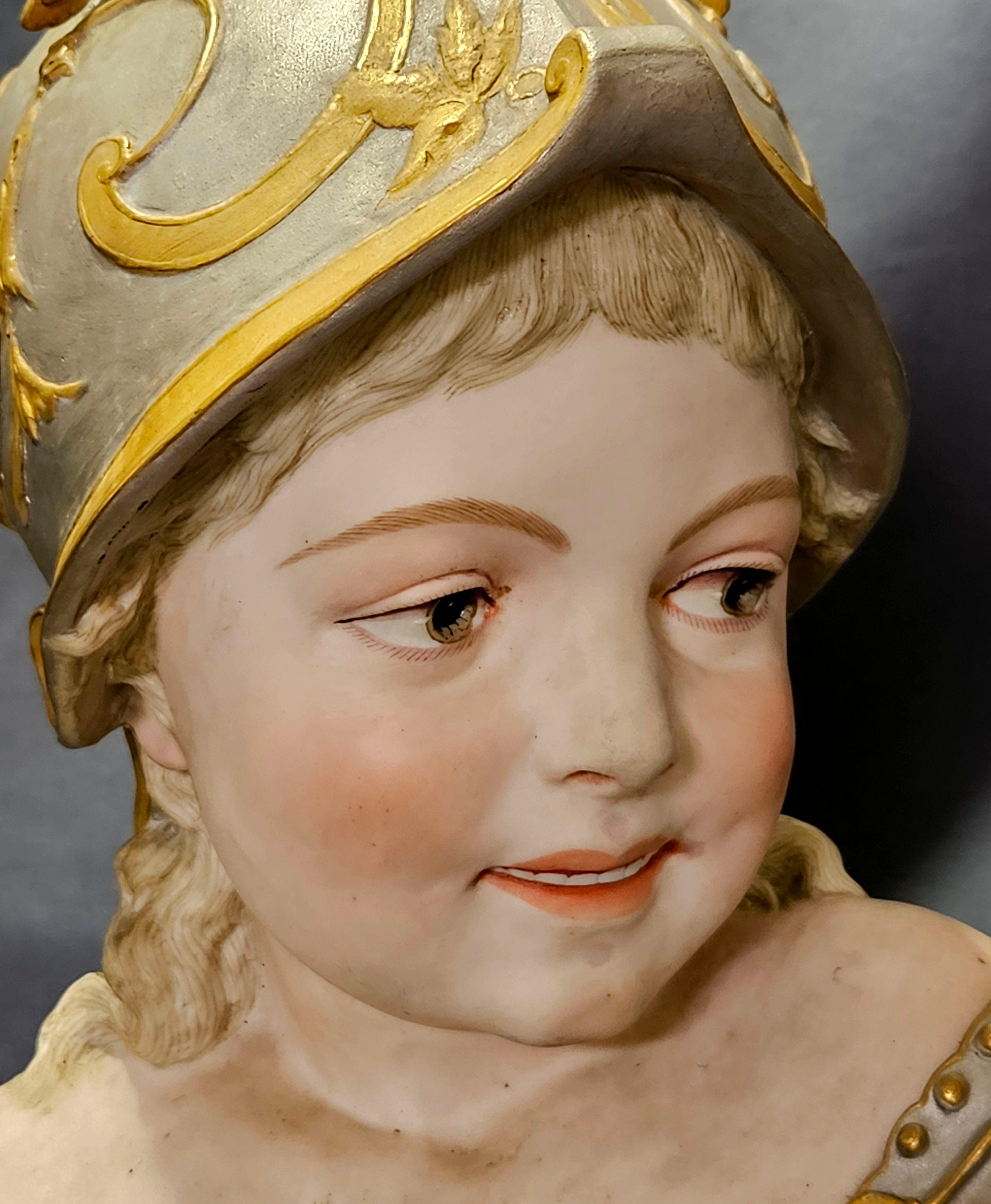 19th-century French bisque boy with helmet, 17