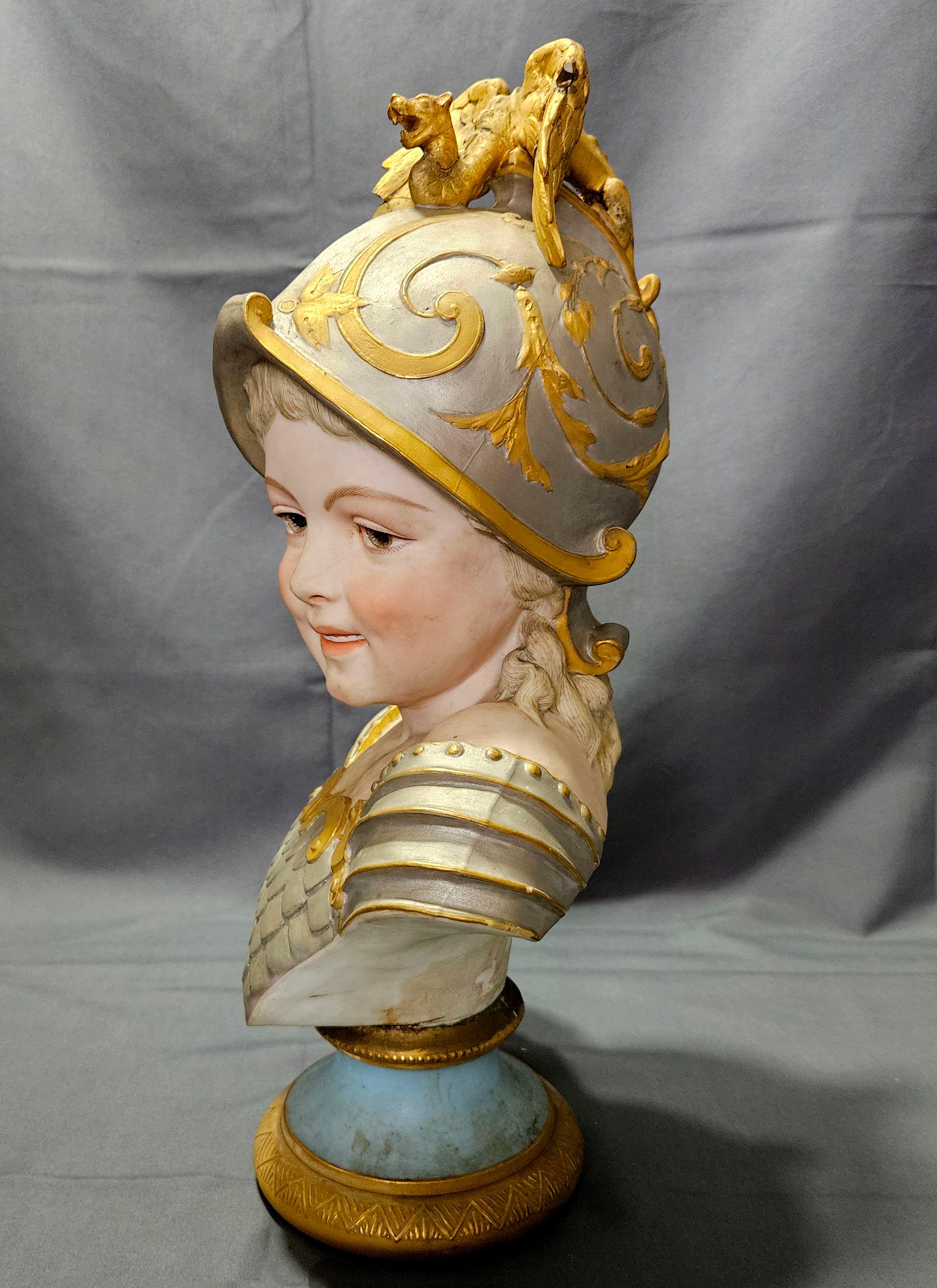 French Bisque Boy with Helmet,  19th Century In Good Condition For Sale In Norton, MA