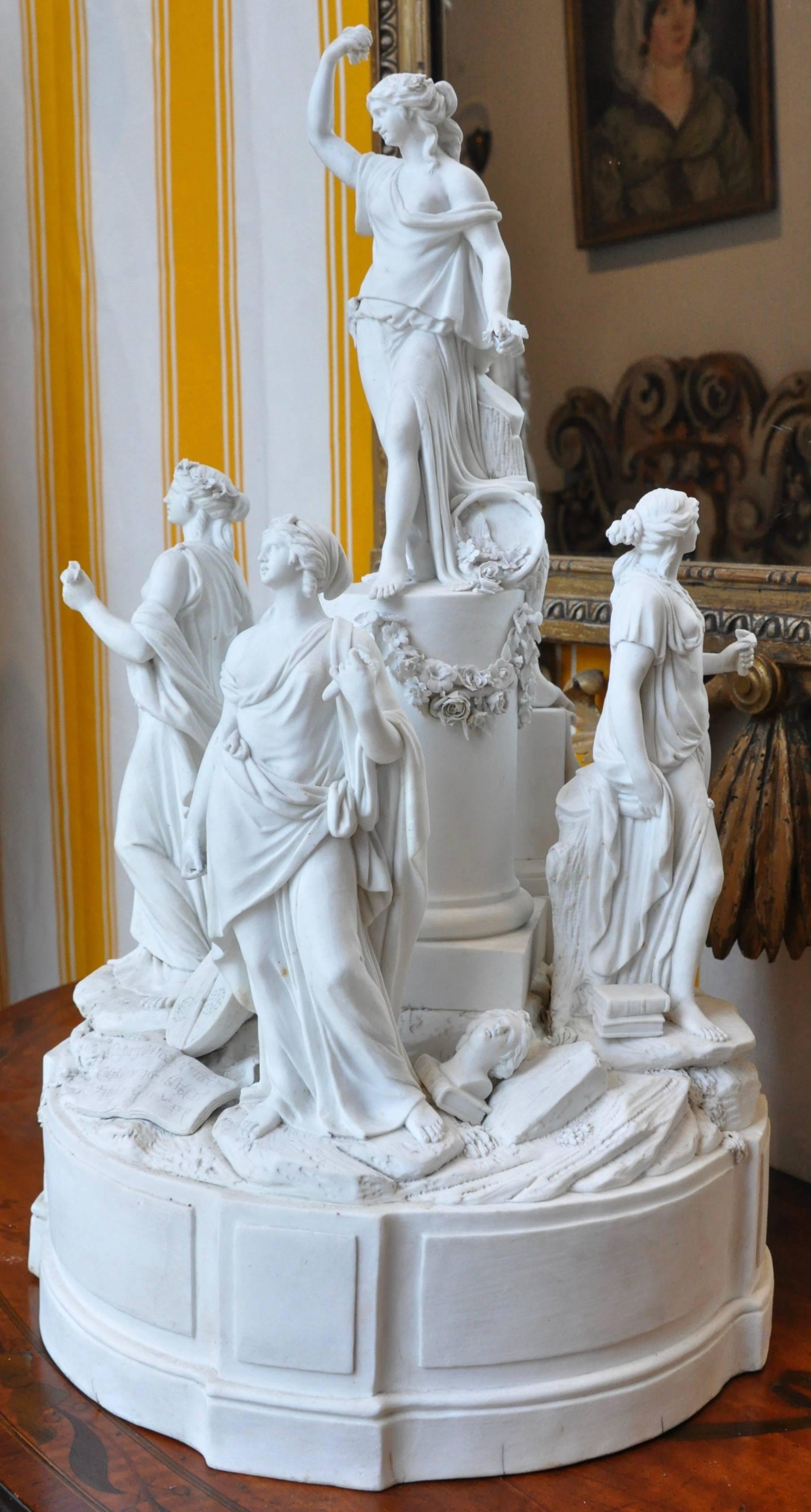 Late 18th century neoclassical figural grouping in bisque porcelain

--Depicting five of the muses
--Intricate details throughout as shown
--More than likely Sevres Post Revolution
--In great condition
--Monumental.