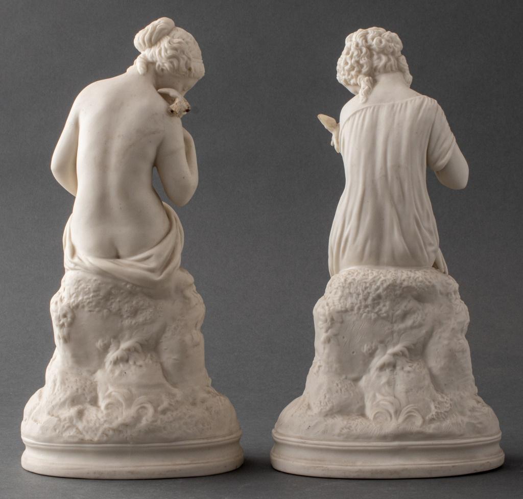 French white bisque porcelain figures of young classically draped maidens with doves, one possibly Hebe with cup and ewer, apparently unmarked, circa 1890. 13