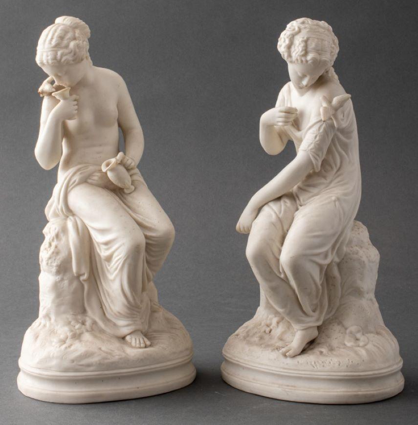 French Bisque Porcelain Figures of Maidens & Doves For Sale 1