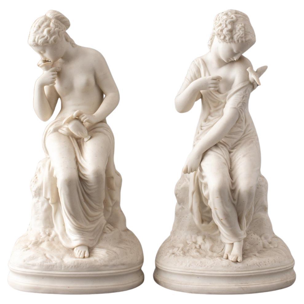 French Bisque Porcelain Figures of Maidens & Doves For Sale