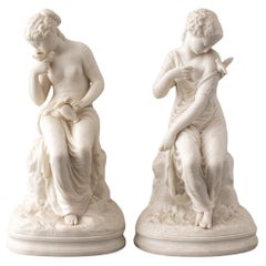 Antique French Bisque Porcelain Figures of Maidens & Doves