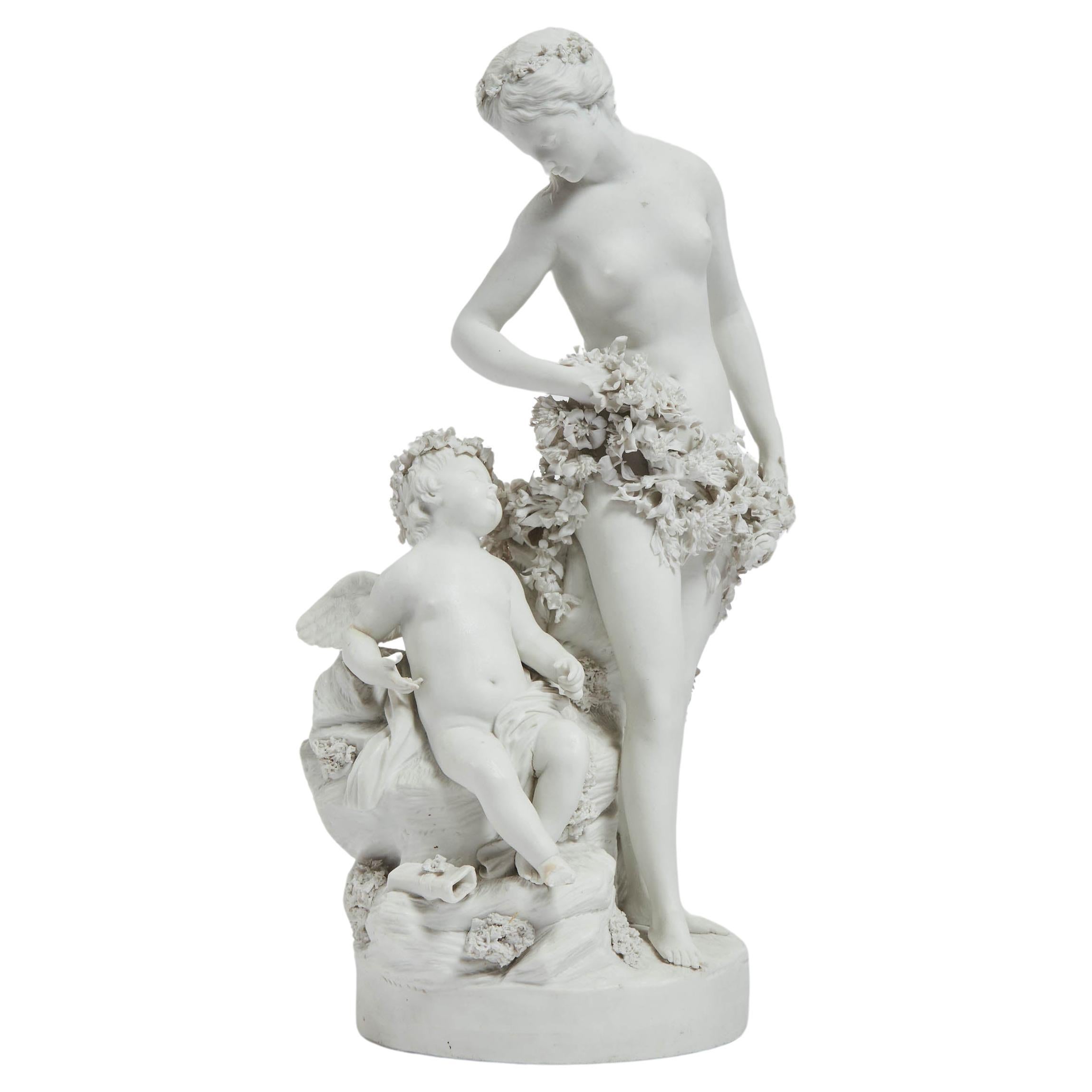 Französische Biskuitporzellangruppe von Venus und Amor aus der Biskuit, Mitte des 19. Jahrhunderts