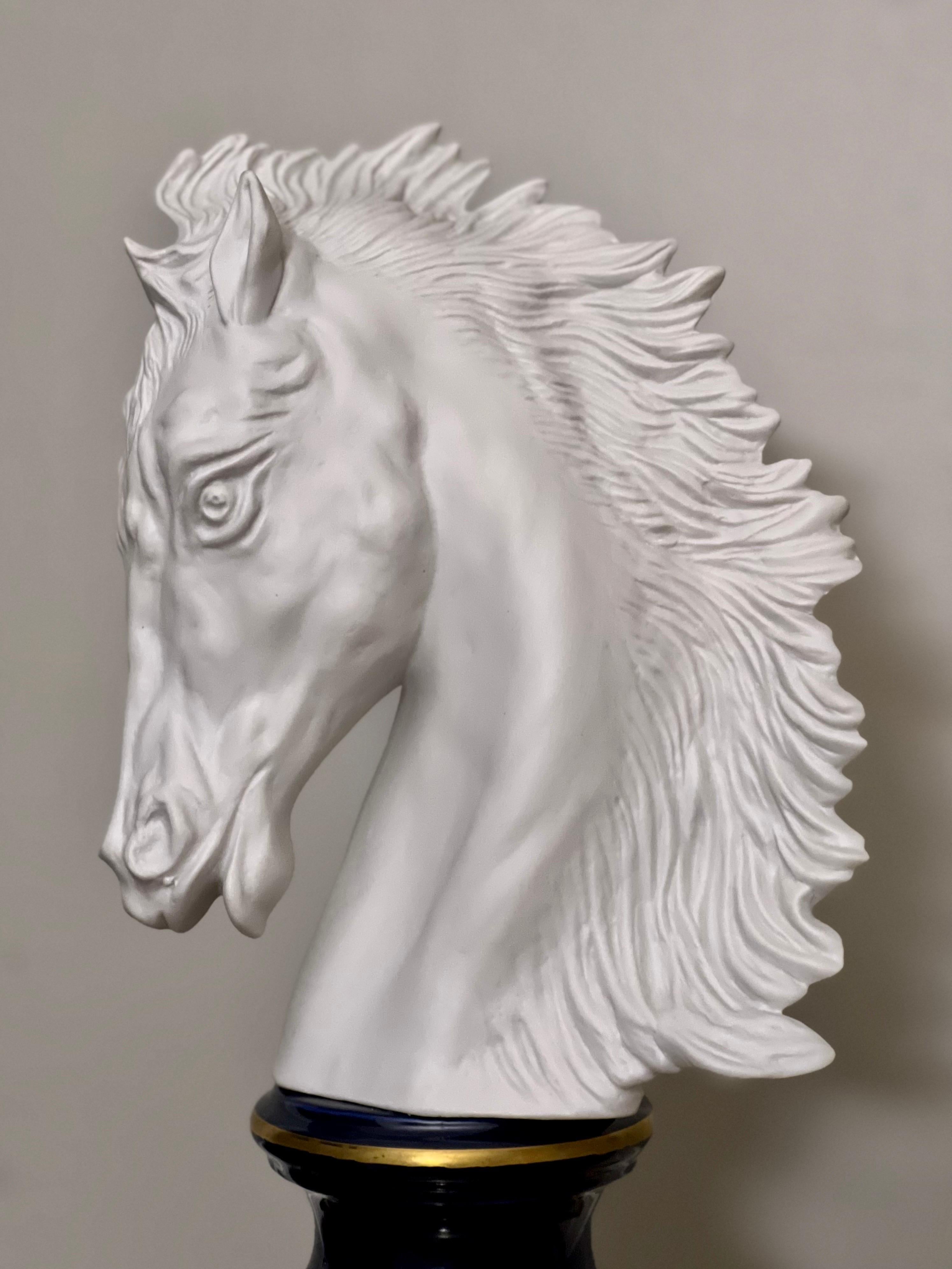 French Bisque Porcelain Horse Head Bust on Sèvres Style Base, Signed Beccafichi For Sale 4