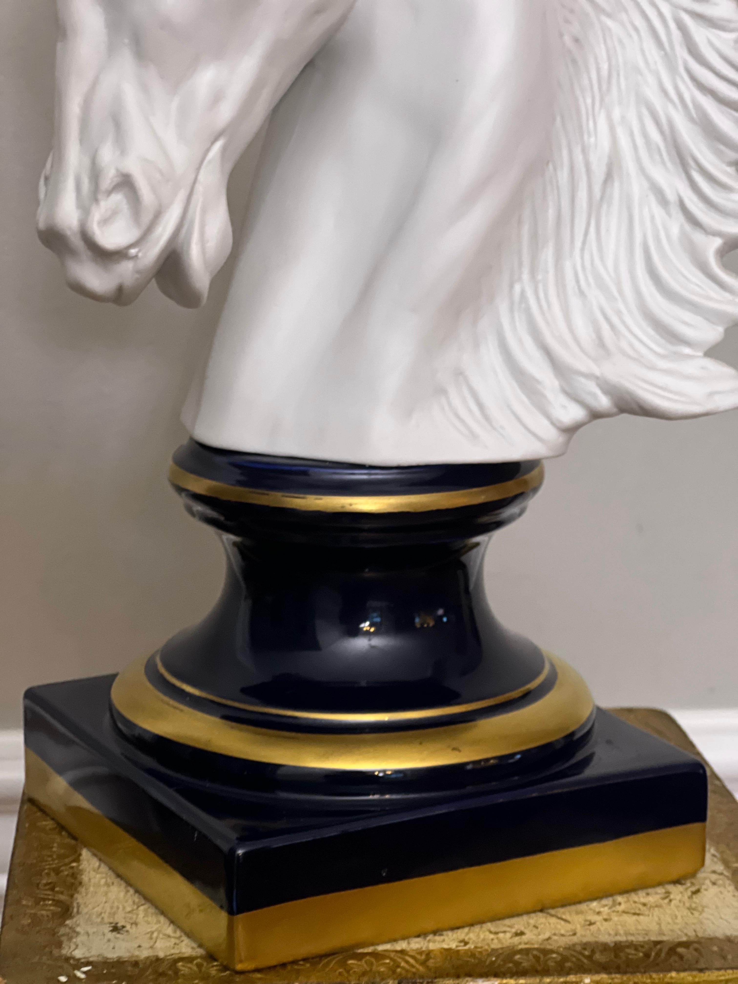 French Bisque Porcelain Horse Head Bust on Sèvres Style Base, Signed Beccafichi For Sale 5