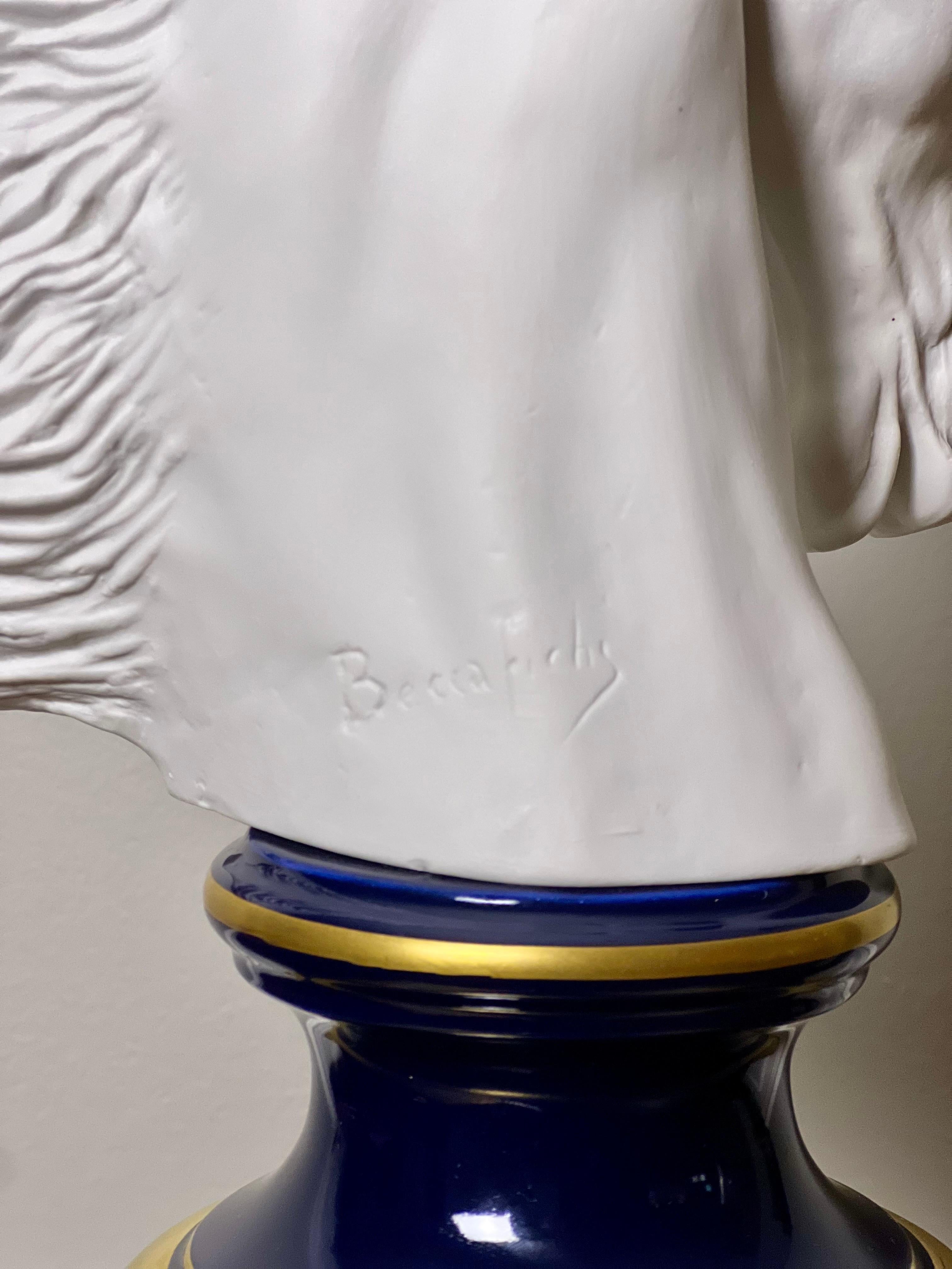 French Bisque Porcelain Horse Head Bust on Sèvres Style Base, Signed Beccafichi For Sale 6