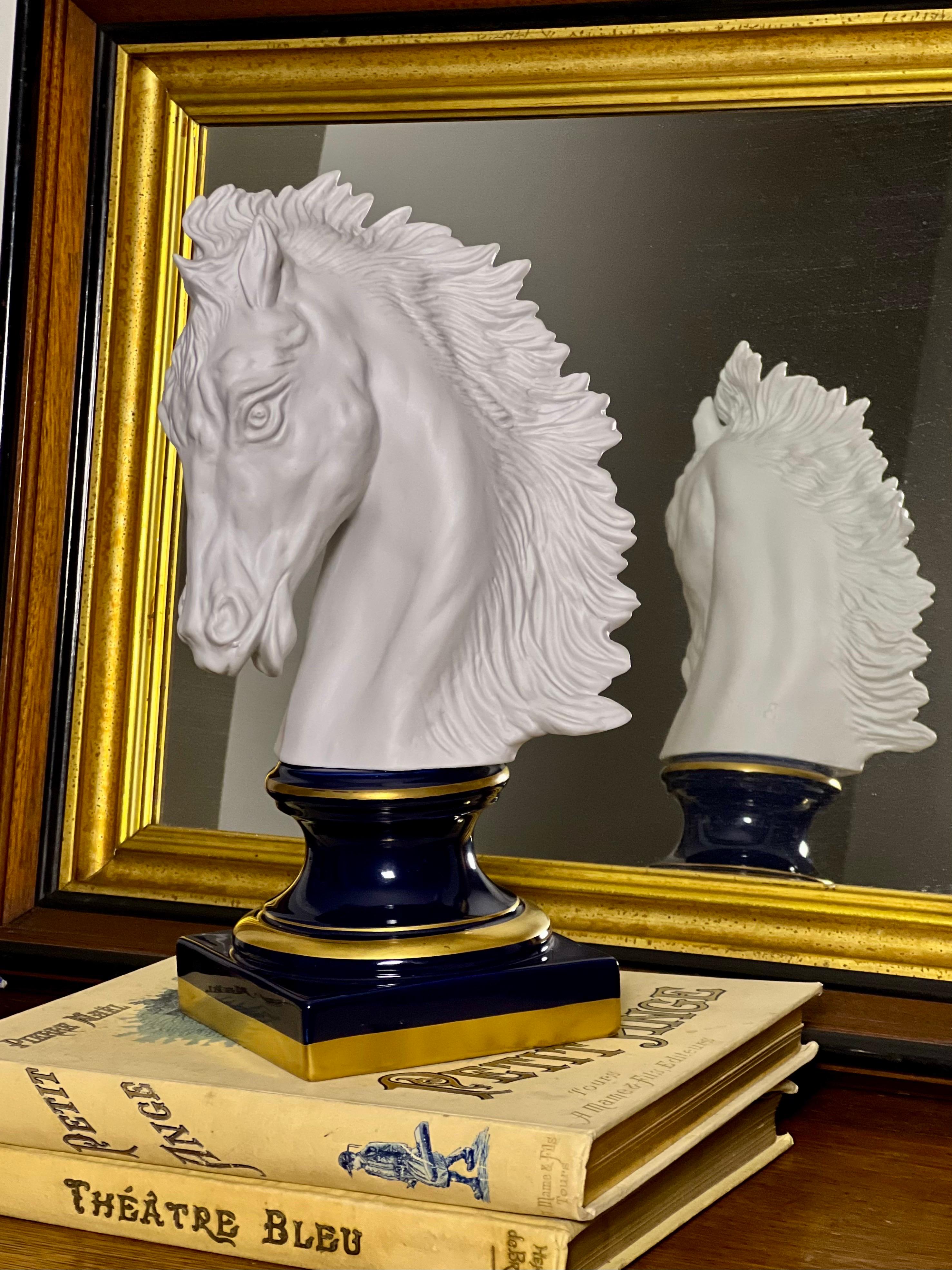 French Bisque Porcelain Horse Head Bust on Sèvres Style Base, Signed Beccafichi For Sale 7