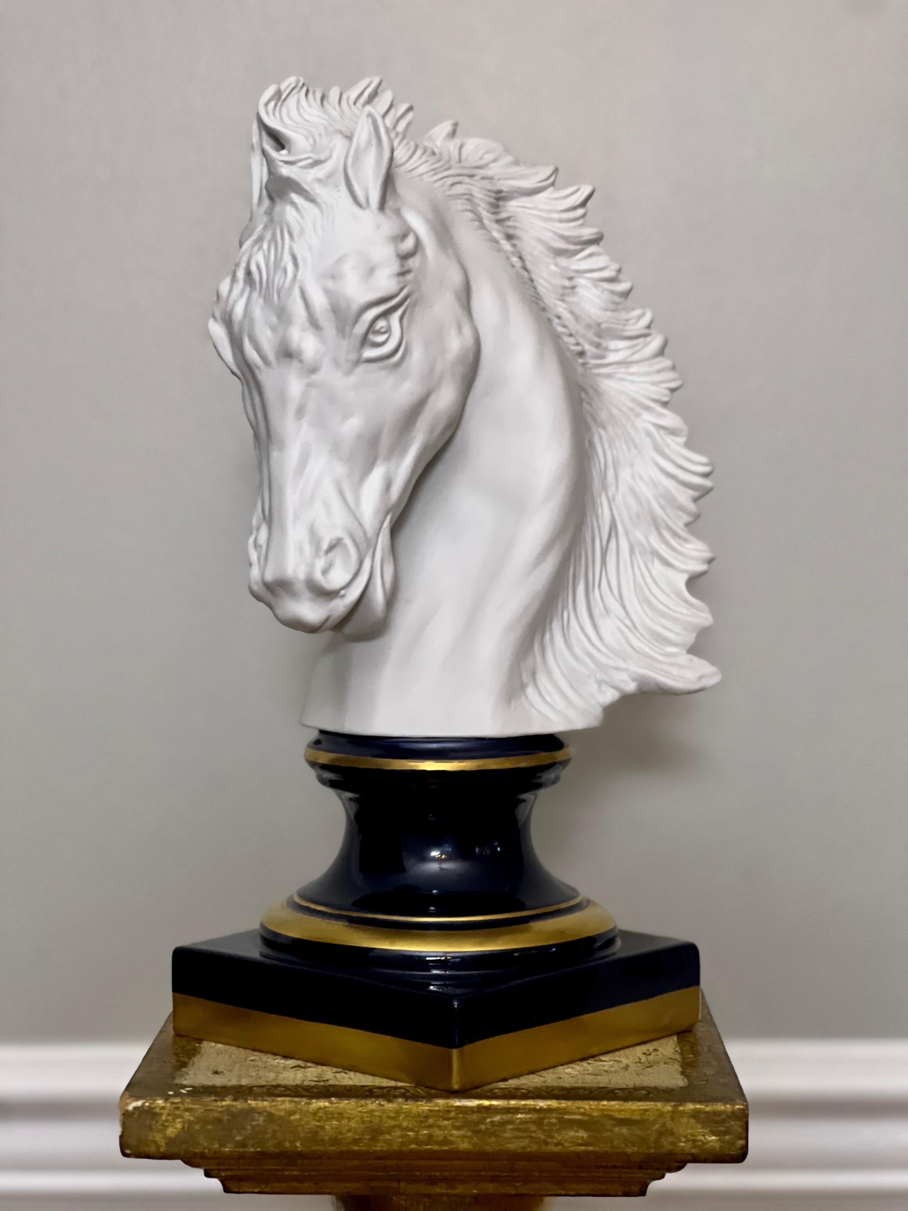 Bisque porcelain horse head bust on a Sèvres style base by Chamart, signed Beccafichi, France, late 20th century.  A stunning sculpture displaying a gentle expression and wind-swept mane exuding power and grace.  Beautiful form crafted of bisque