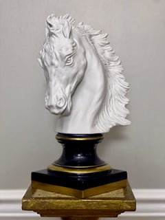 French Bisque Porcelain Horse Head Bust on Sèvres Style Base, Signed Beccafichi