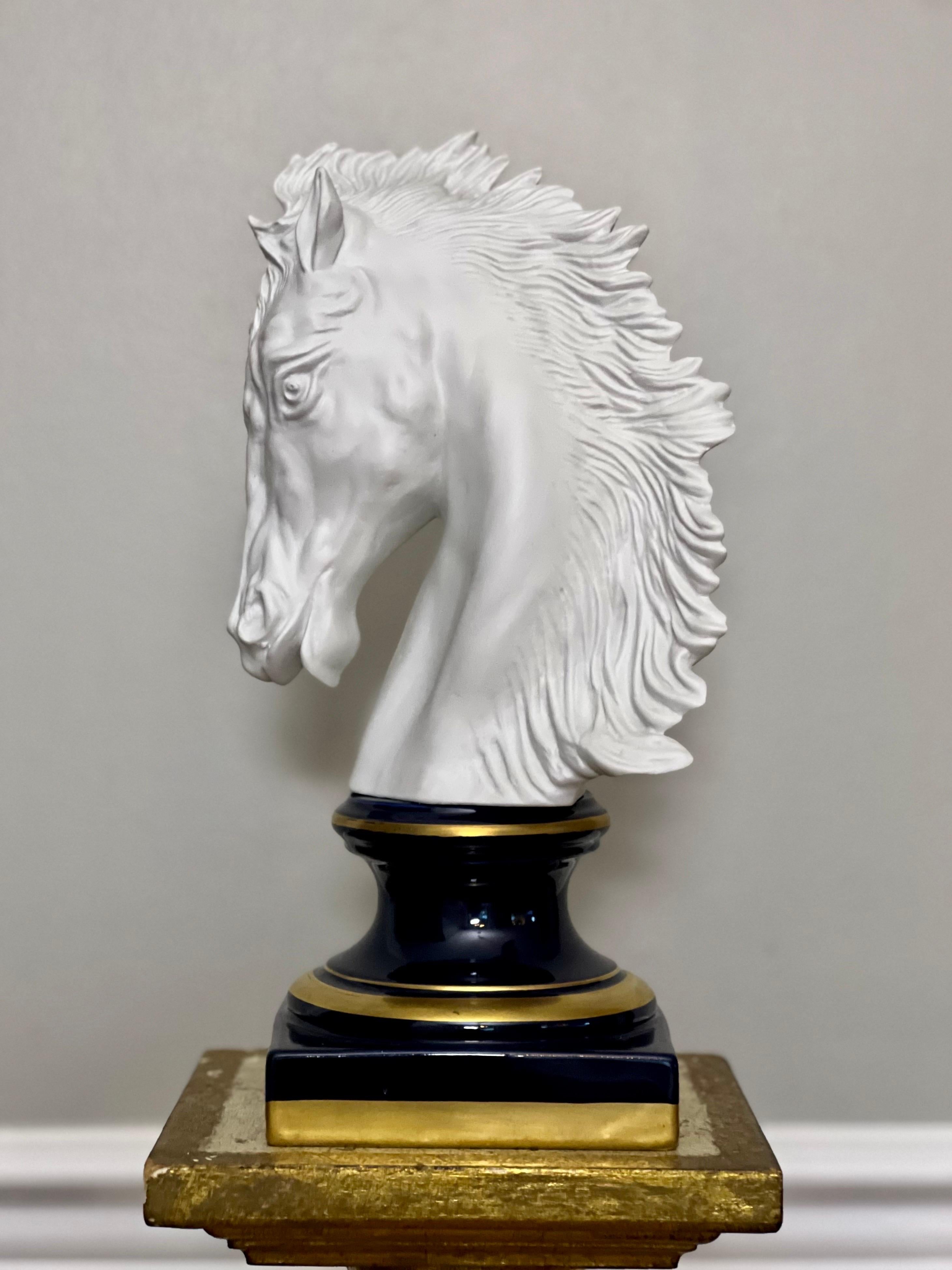 Gilt French Bisque Porcelain Horse Head Bust on Sèvres Style Base, Signed Beccafichi For Sale
