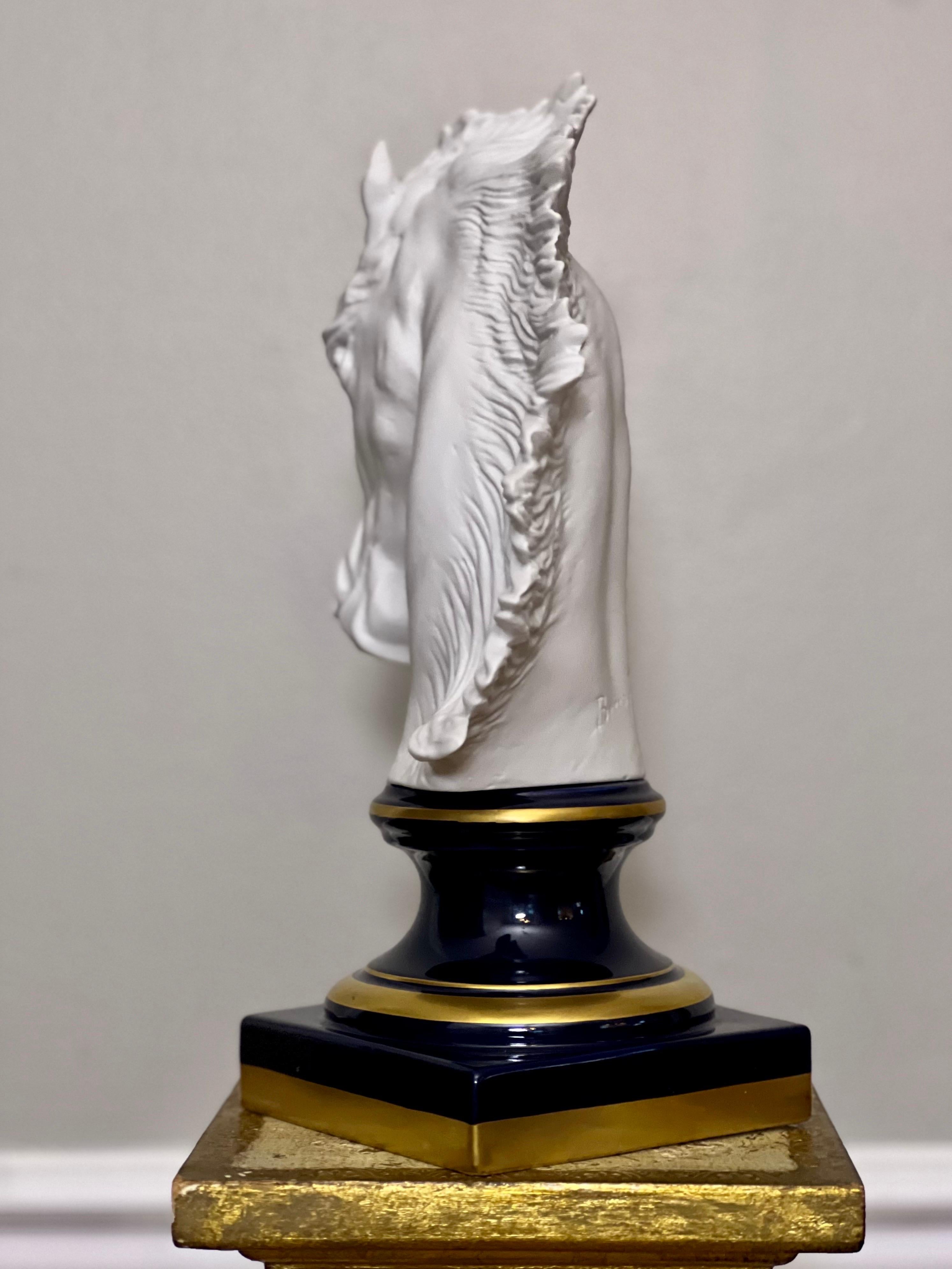 French Bisque Porcelain Horse Head Bust on Sèvres Style Base, Signed Beccafichi In Good Condition For Sale In Doylestown, PA