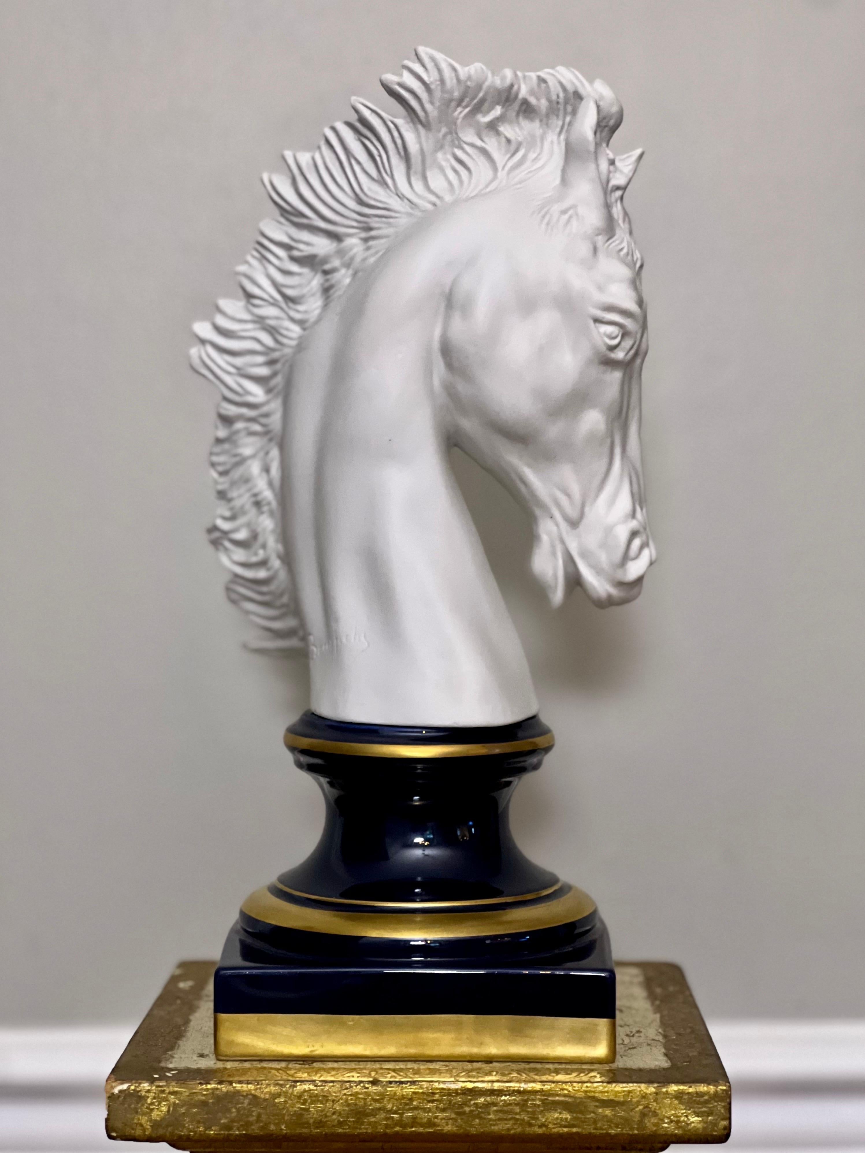 Enamel French Bisque Porcelain Horse Head Bust on Sèvres Style Base, Signed Beccafichi For Sale