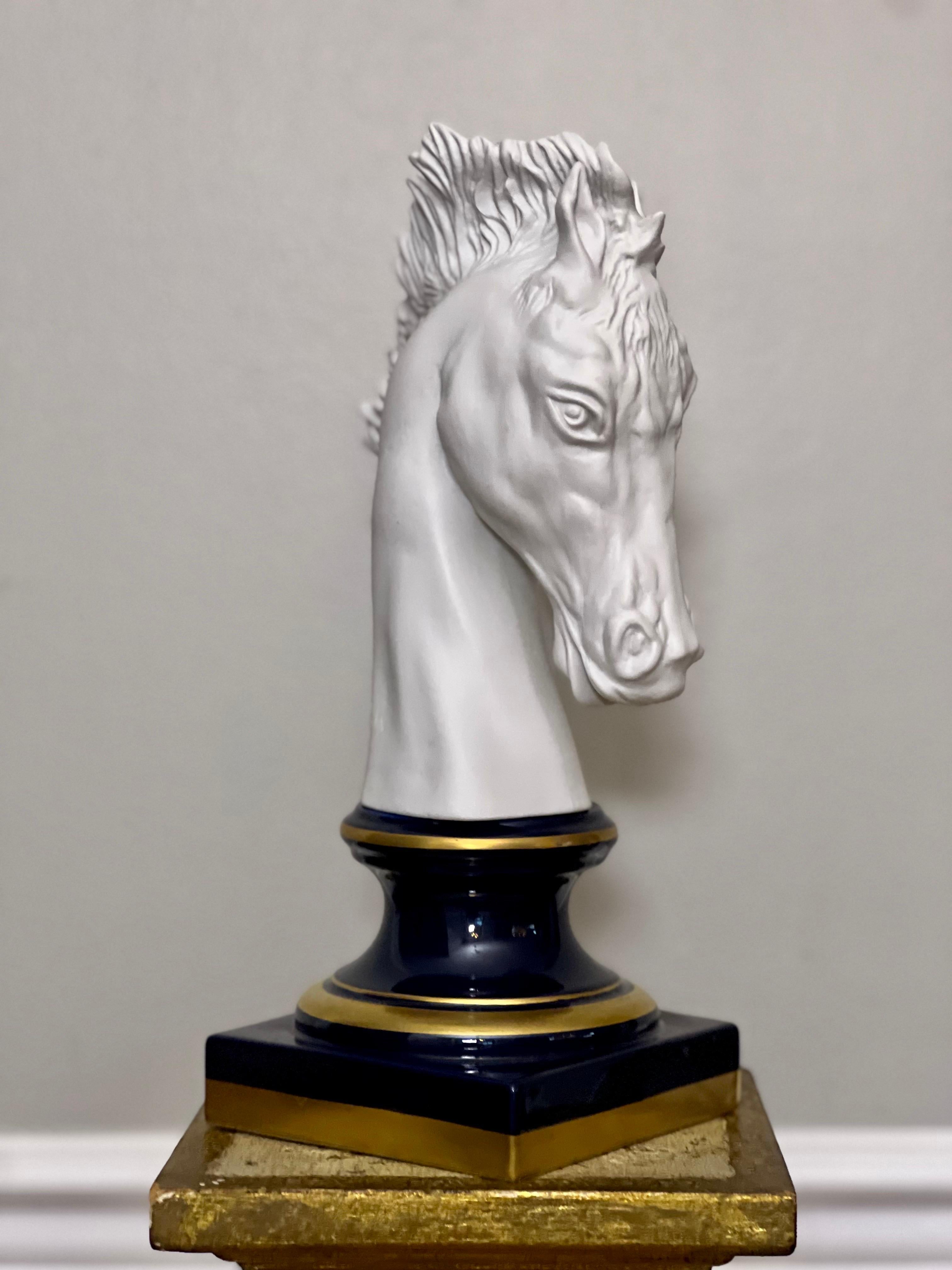French Bisque Porcelain Horse Head Bust on Sèvres Style Base, Signed Beccafichi For Sale 1