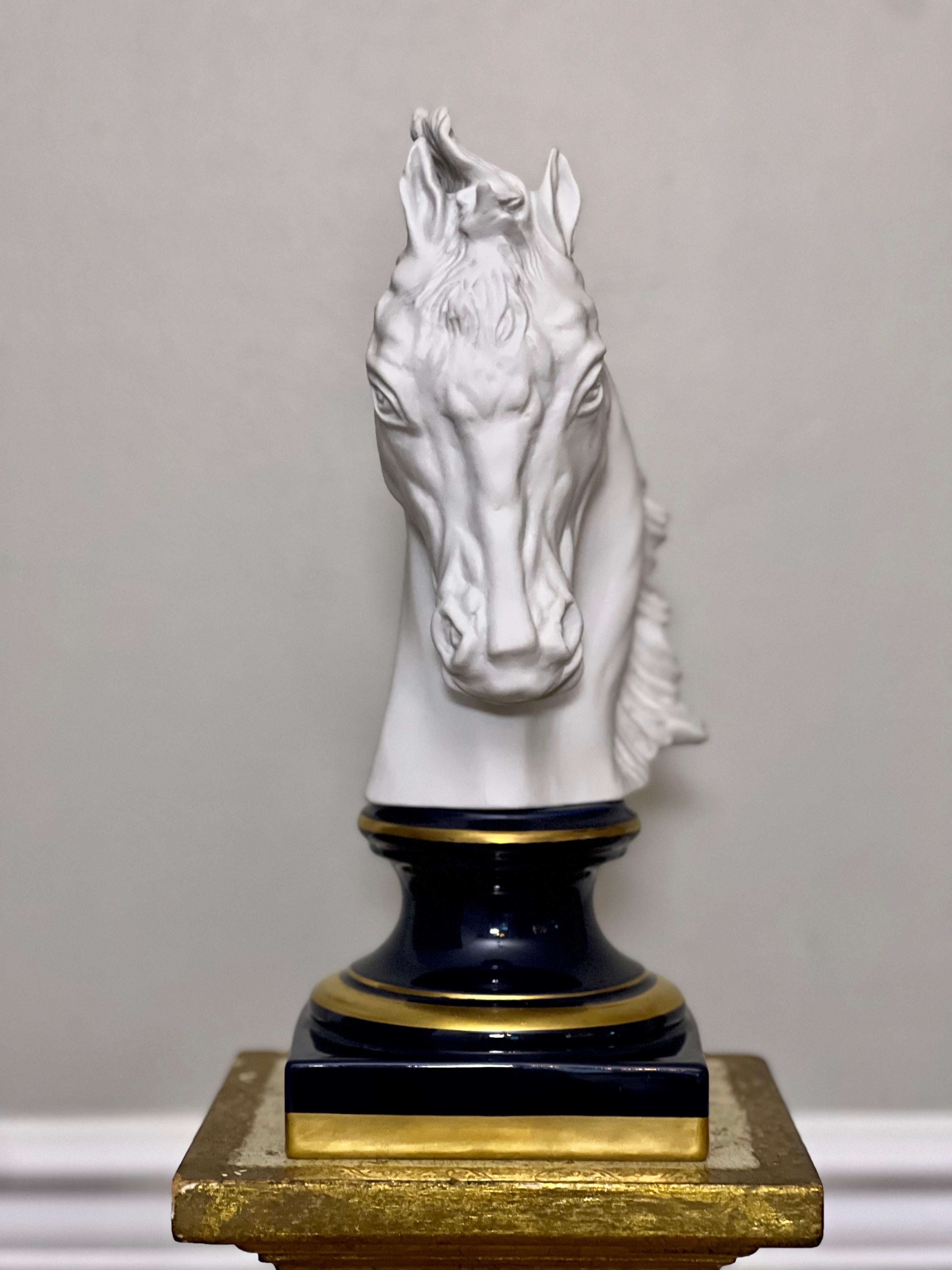 French Bisque Porcelain Horse Head Bust on Sèvres Style Base, Signed Beccafichi For Sale 2