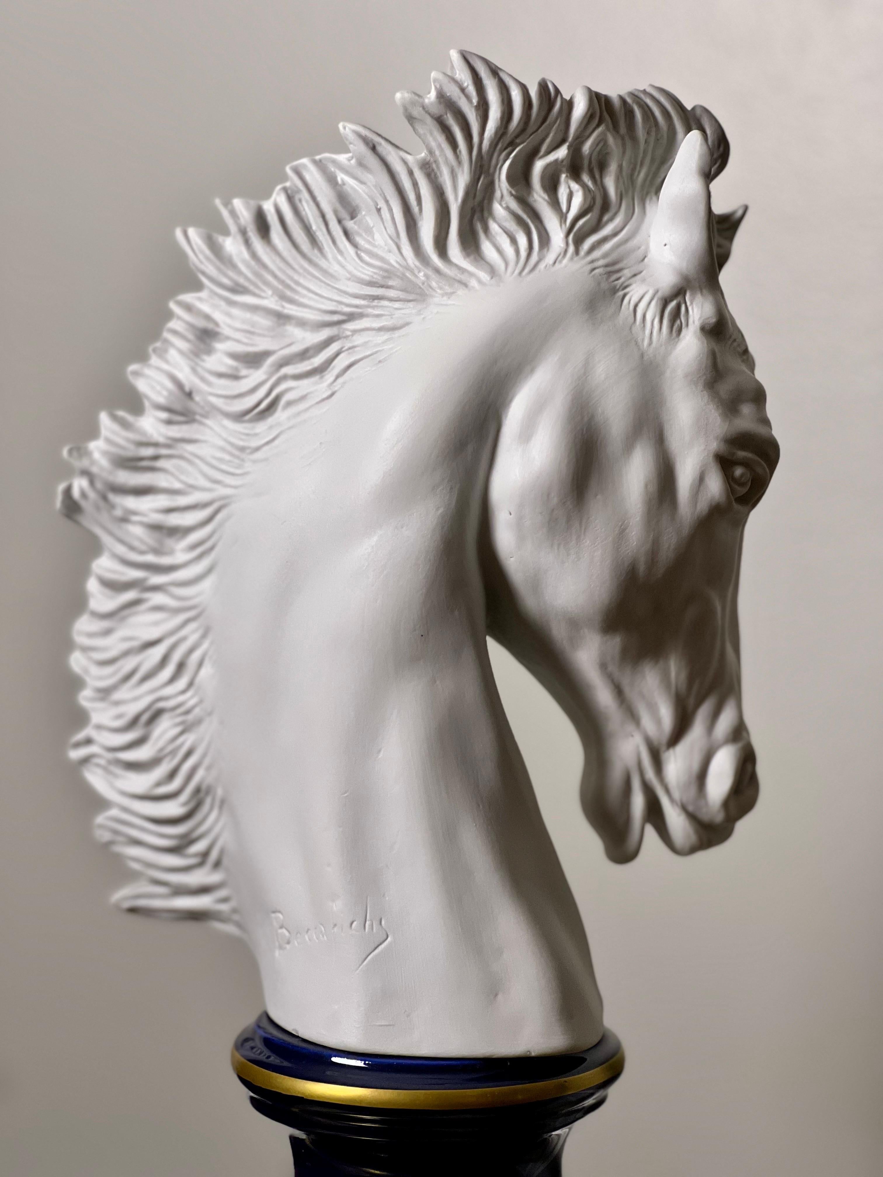 French Bisque Porcelain Horse Head Bust on Sèvres Style Base, Signed Beccafichi For Sale 3