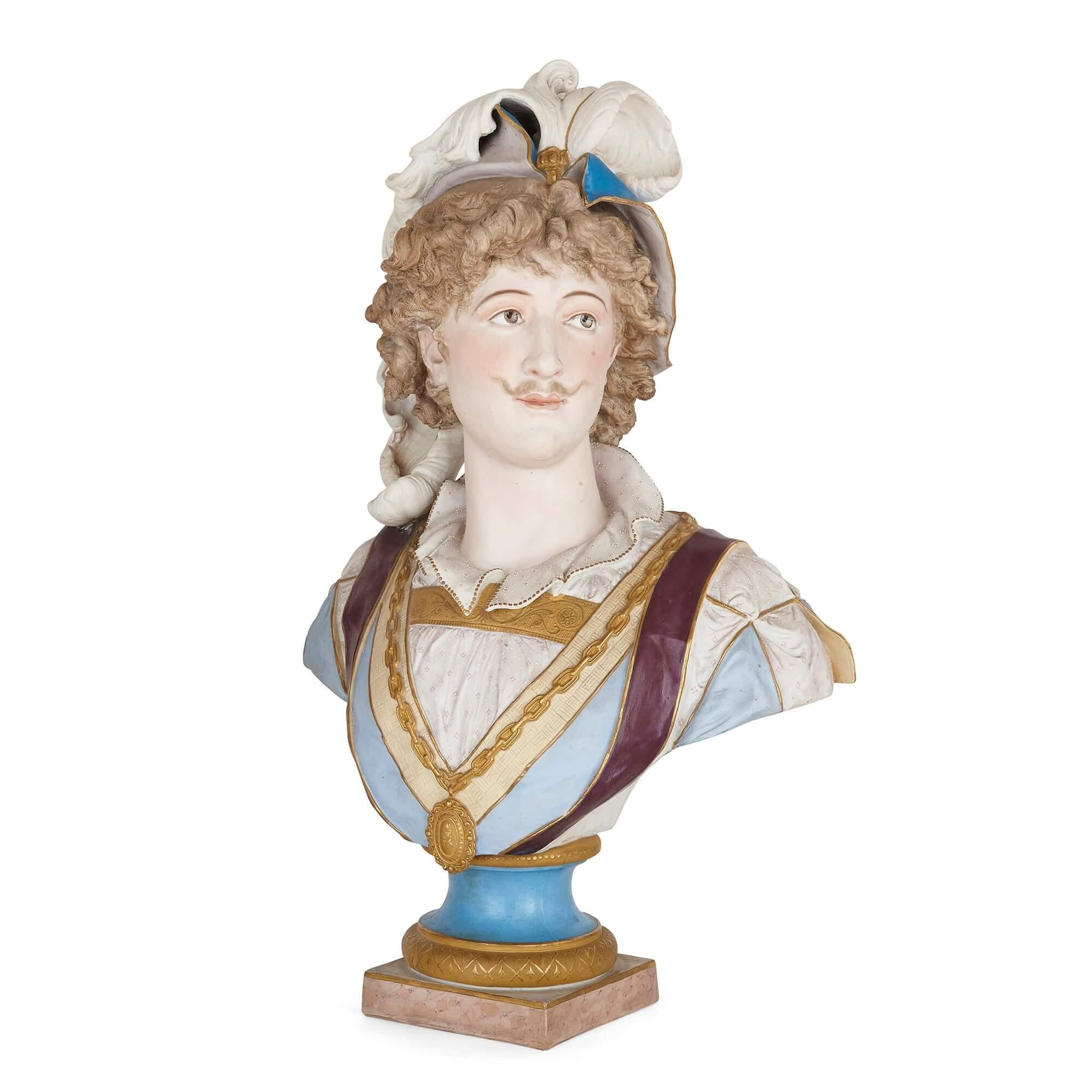 French bisque porcelain portrait bust in the Renaissance manner.
French, 19th Century
Measures: height 65 cm, width 40 cm, depth 22 cm.

This bust is crafted from finely painted bisque porcelain. The bust portrays a young man in Renaissance