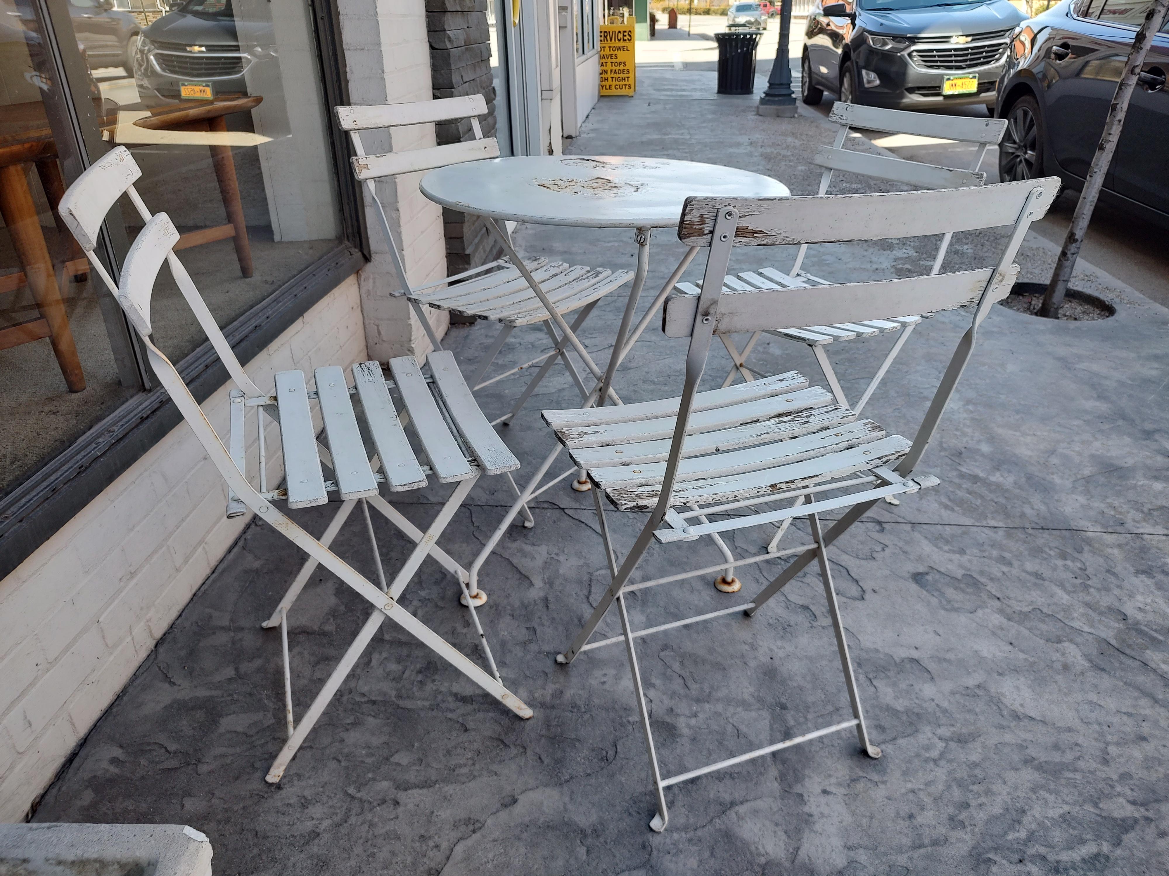 American French Bistro 5 Piece Set, 4 Folding Slatted Chairs with an Iron Table