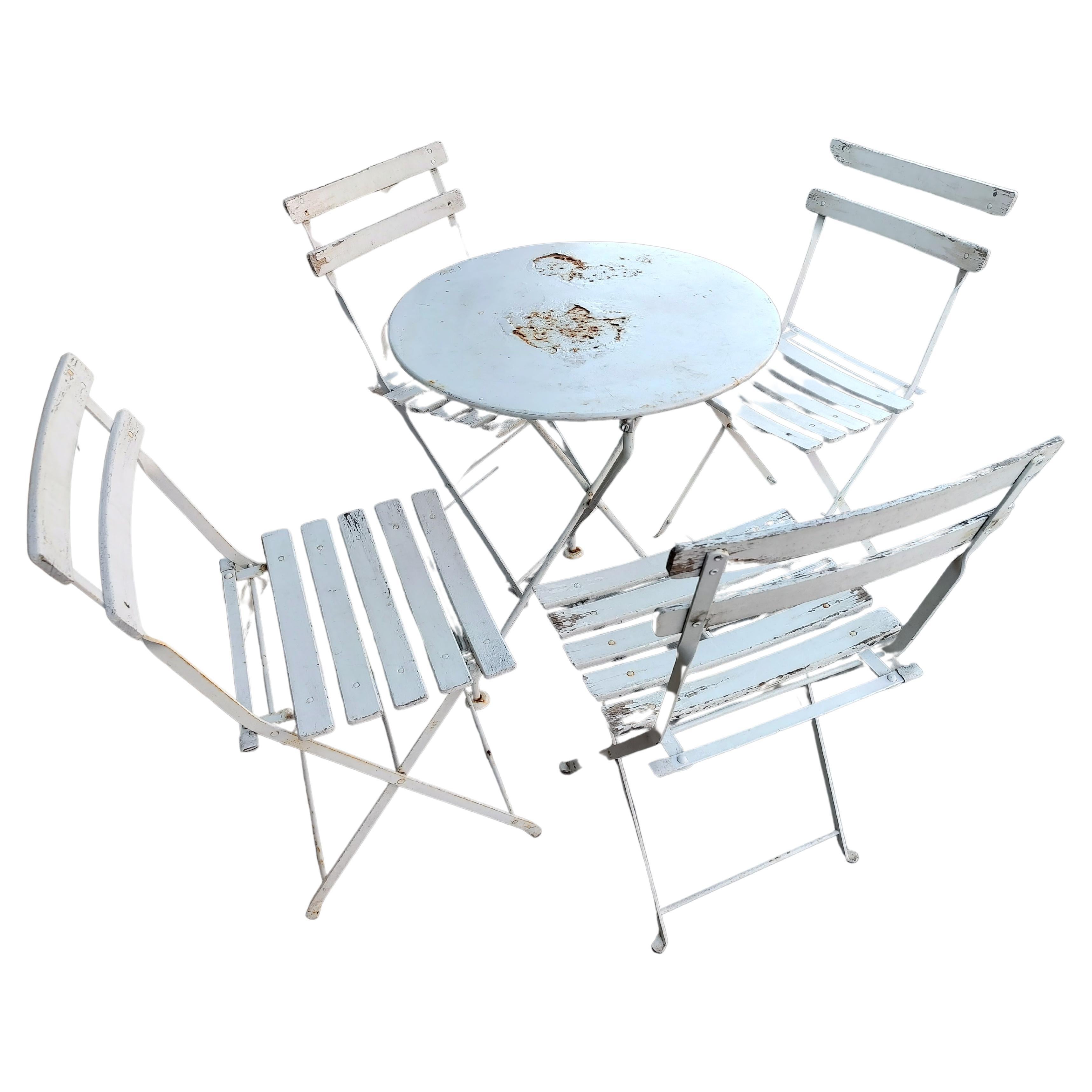 French Bistro 5 Piece Set, 4 Folding Slatted Chairs with an Iron Table
