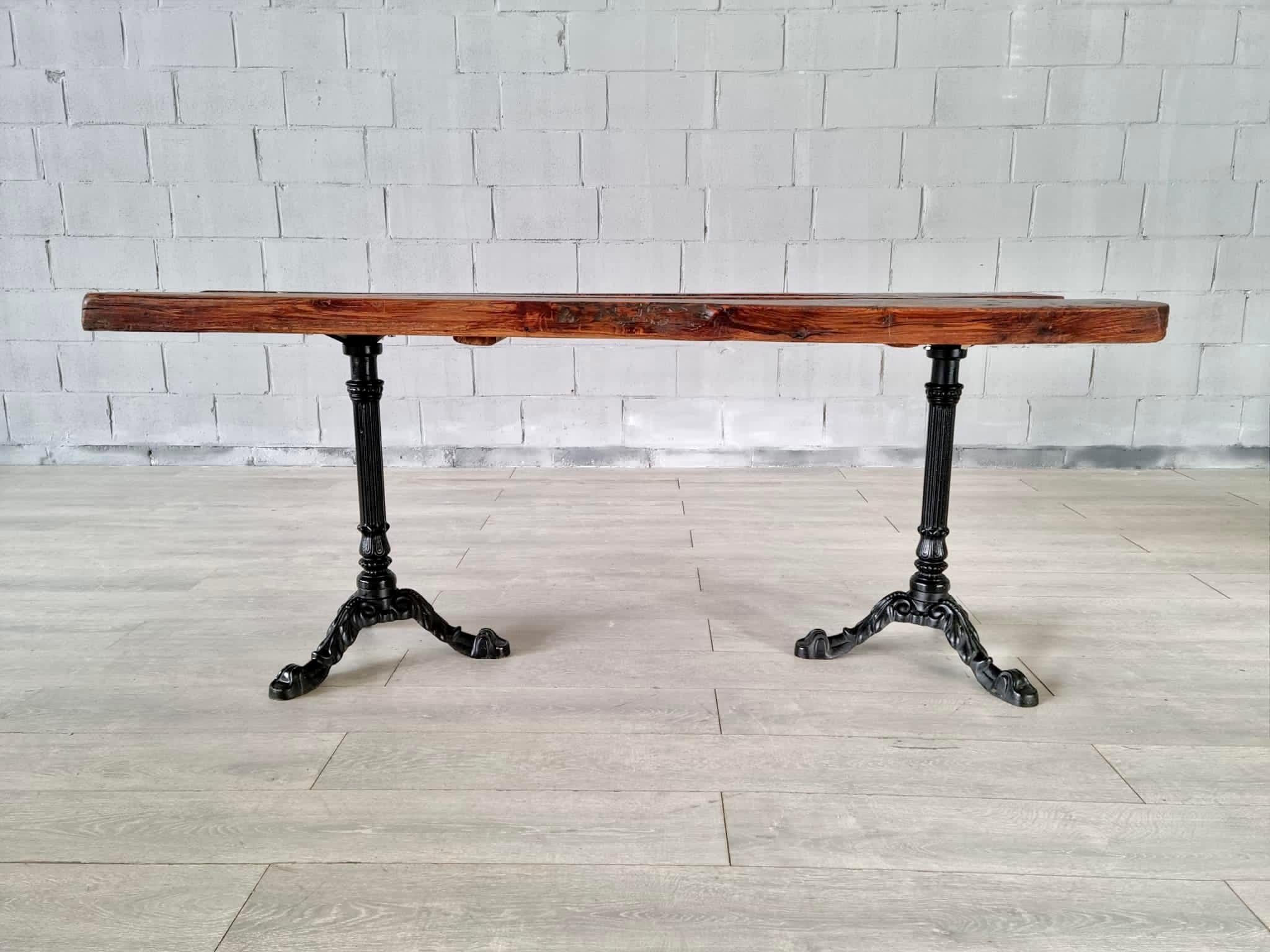 Swiss French Bistro Cast Iron Double Pedestal Oak Plank Dining Room Console Table