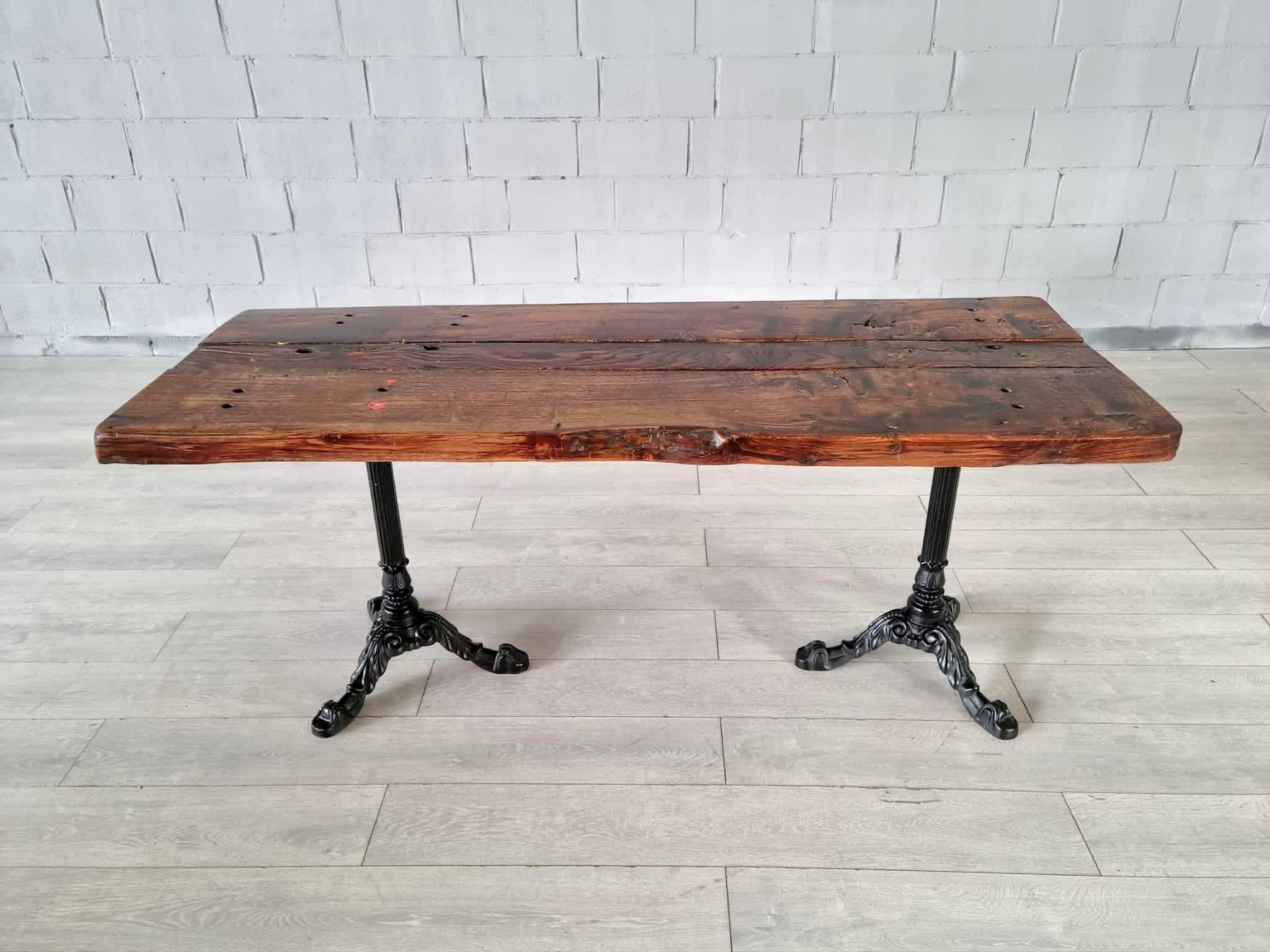 French Bistro Cast Iron Double Pedestal Oak Plank Dining Room Console Table In Good Condition In Bridgeport, CT
