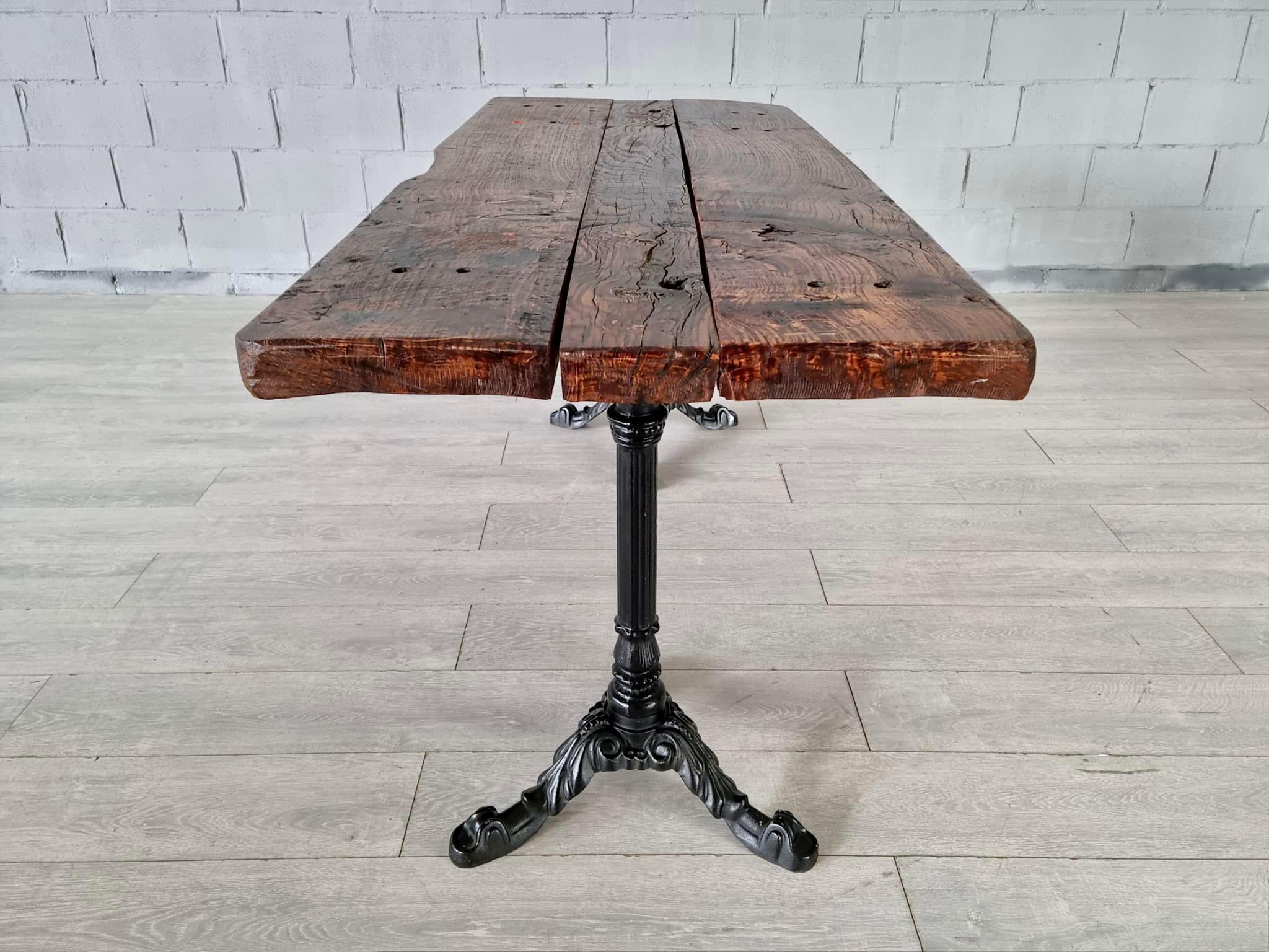 French Bistro Cast Iron Double Pedestal Oak Plank Dining Room Console Table 3