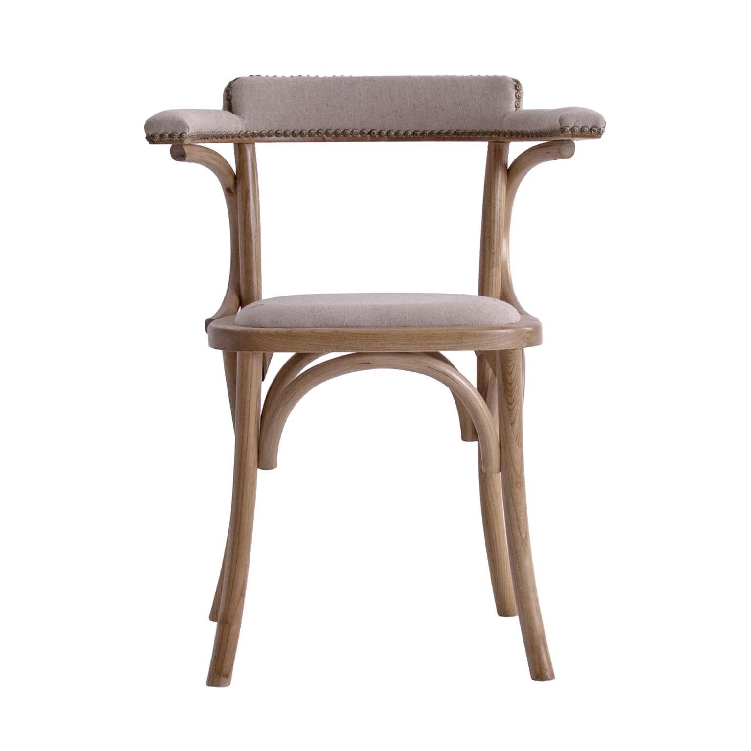 French Bistro design elm curved wood and linen armchair at the manner of Thonet.