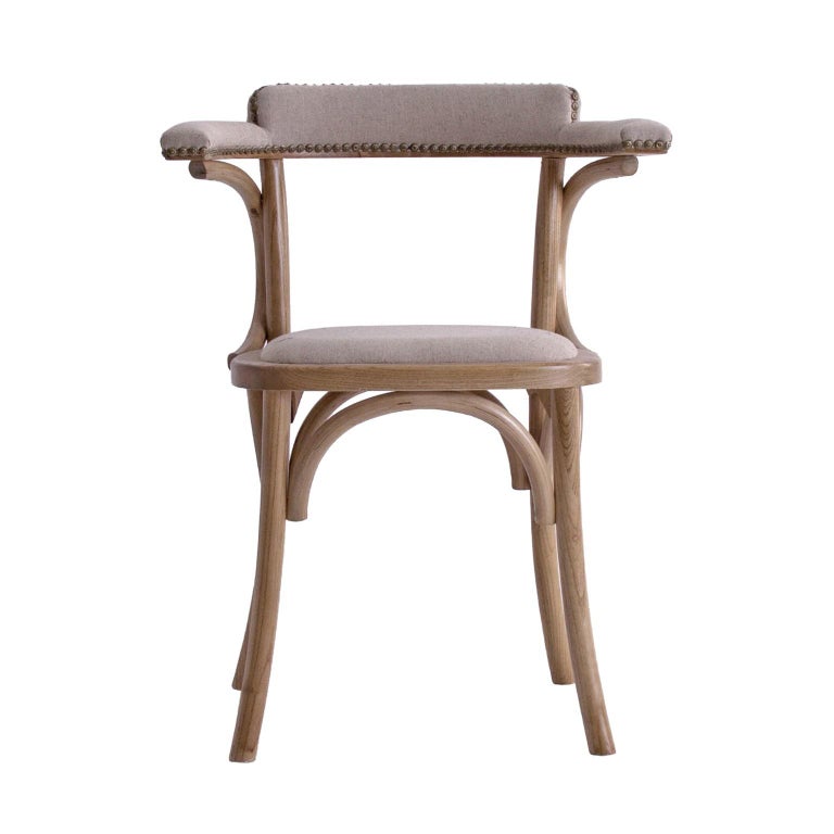 French Bistro Design Elm Curved Wood and Linen Armchair For Sale at 1stDibs