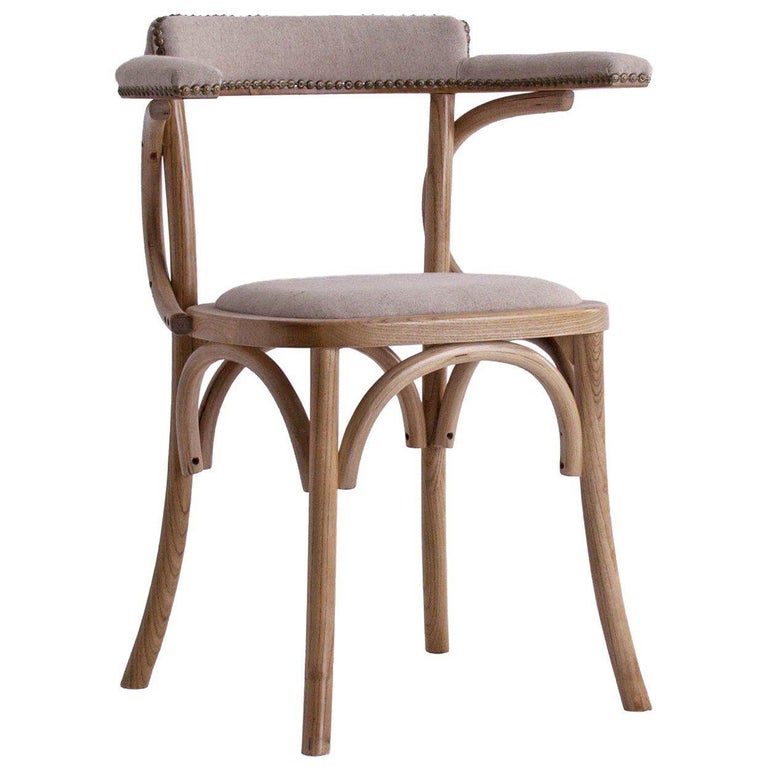 French Bistro Design Elm Curved Wood and Linen Armchair For Sale at 1stDibs