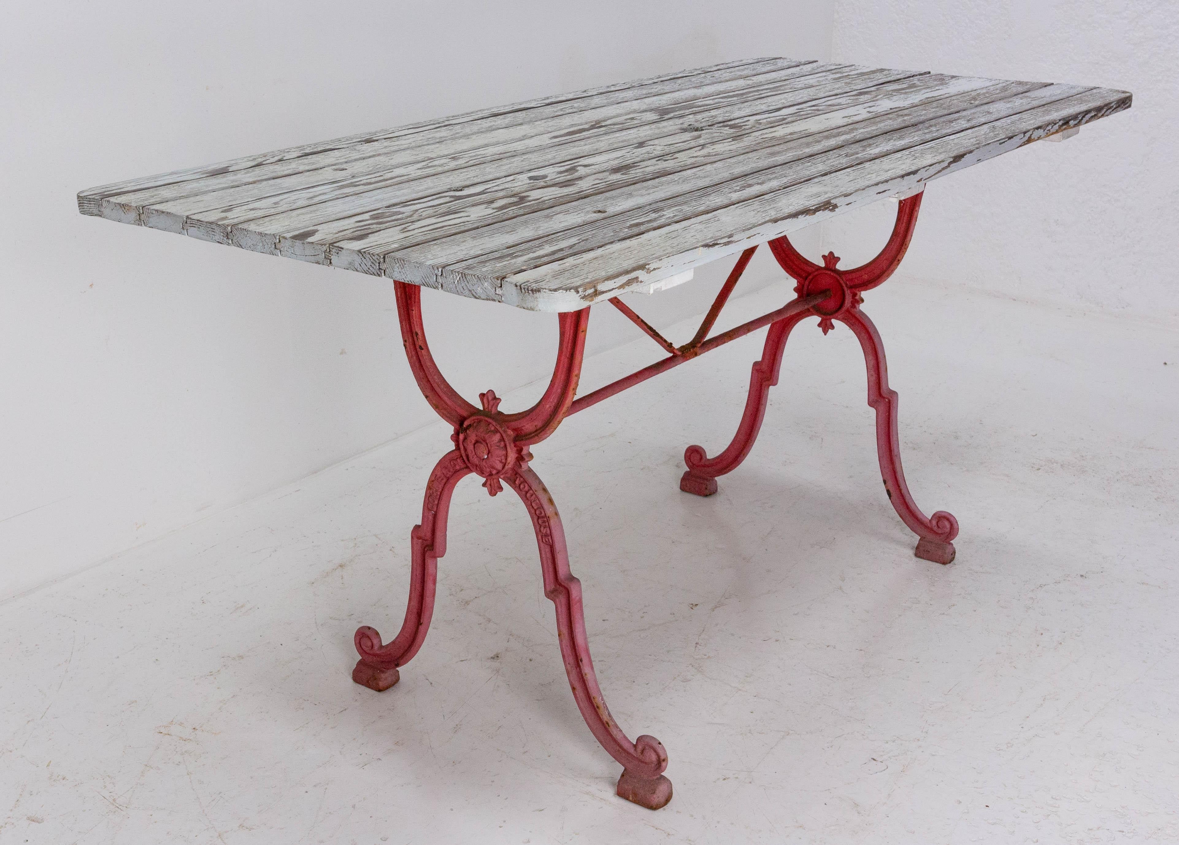 Mid-Century Modern French Bistro Garden Table Cast Iron and Wood Top Table, 1900