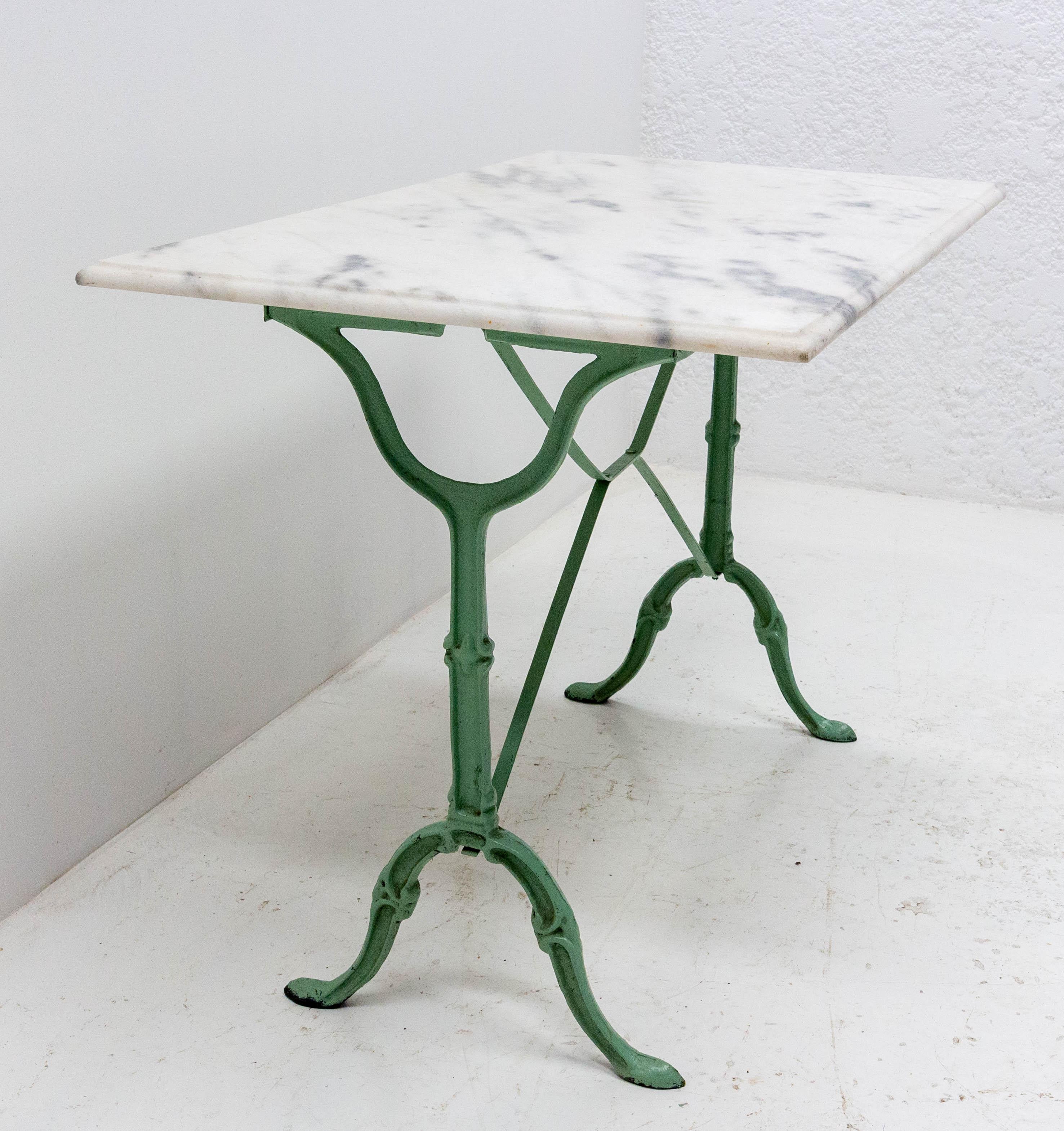 Mid-Century Modern French Bistro Garden Table Cast Iron and Marble Top Table, 1960